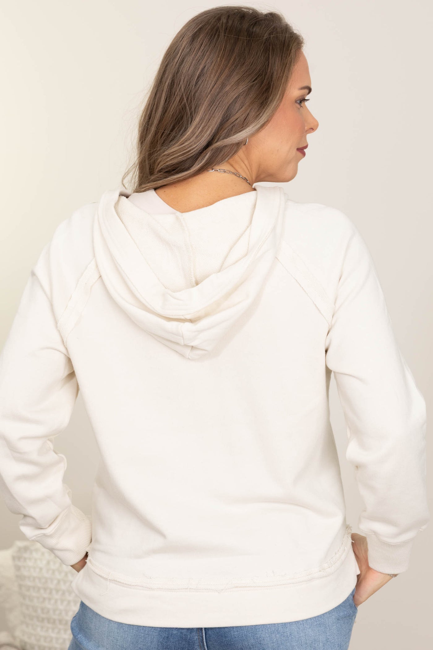 Hooded V-Neck Raw Edge Long Sleeve Knit Tops