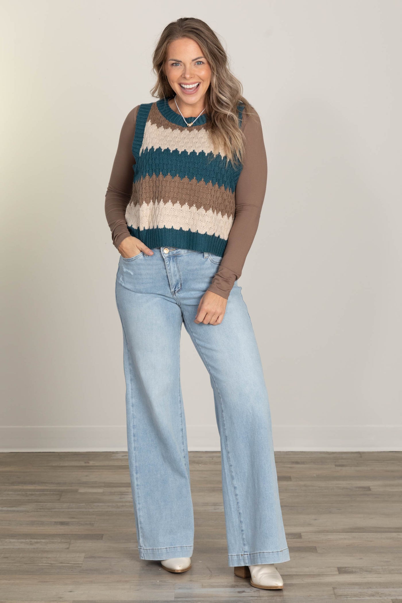 Teal Colorblock Bubble Knit Sweater Vest