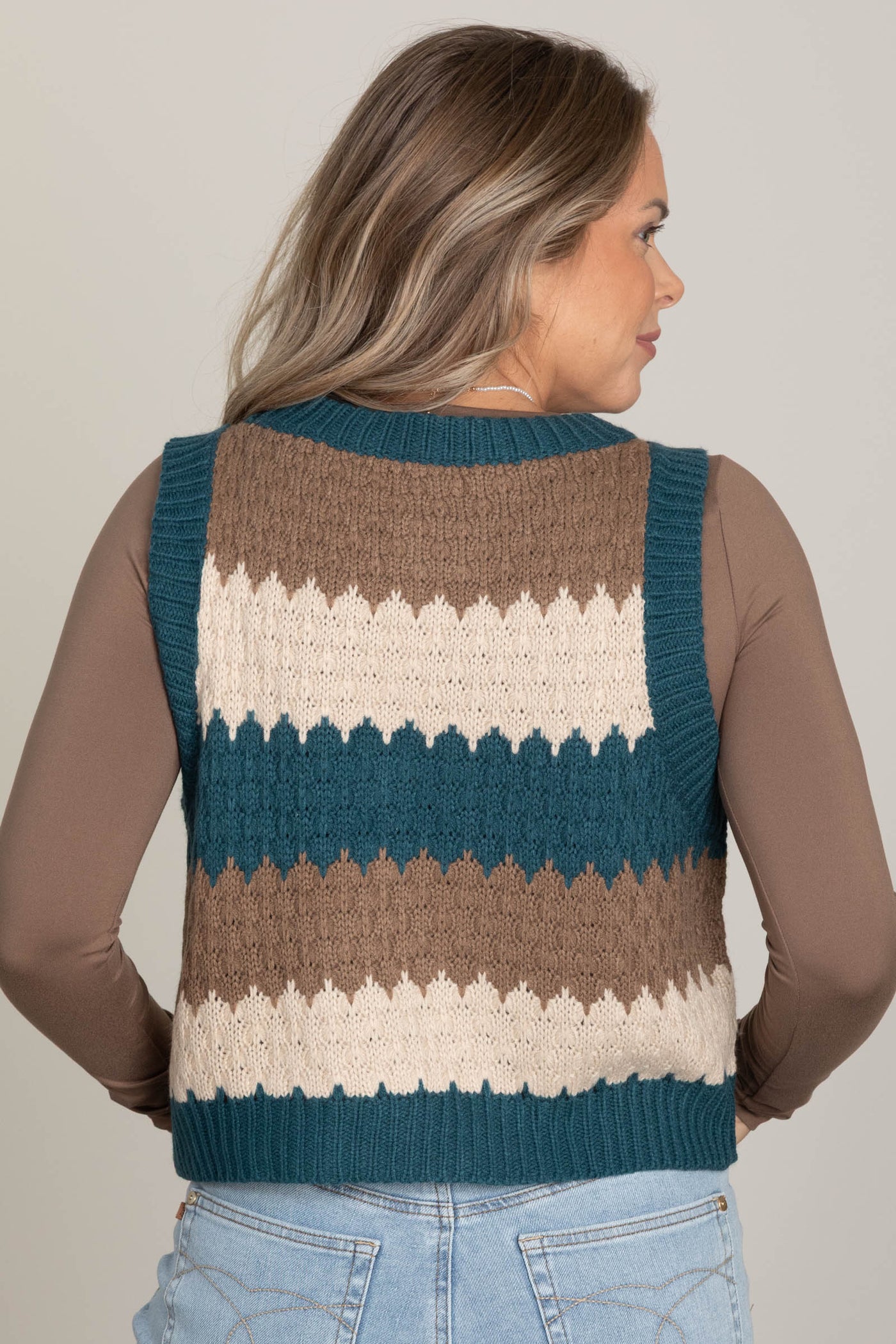Teal Colorblock Bubble Knit Sweater Vest