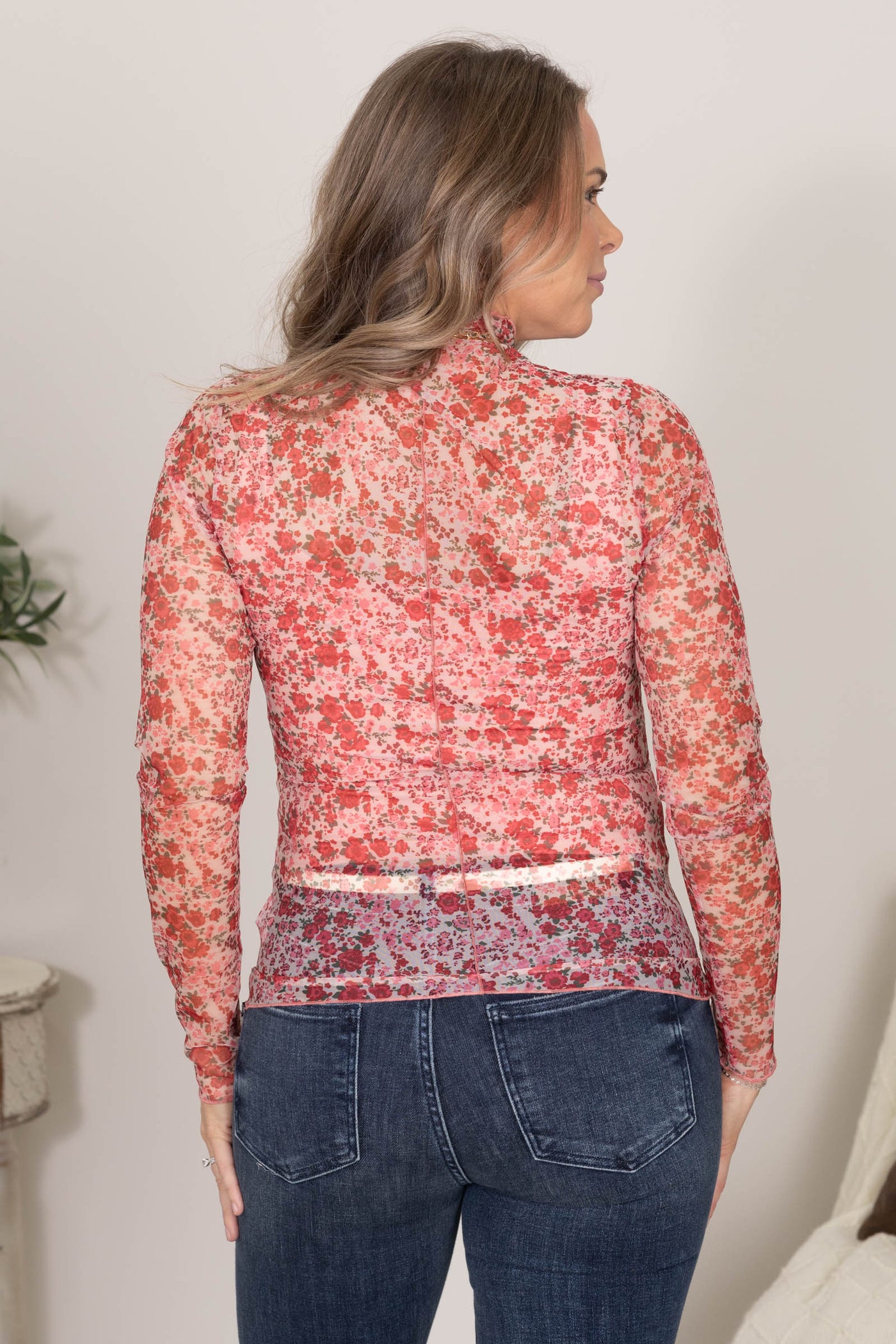 Pink Floral Lettuce Edge Mesh Mock Neck Knit Top