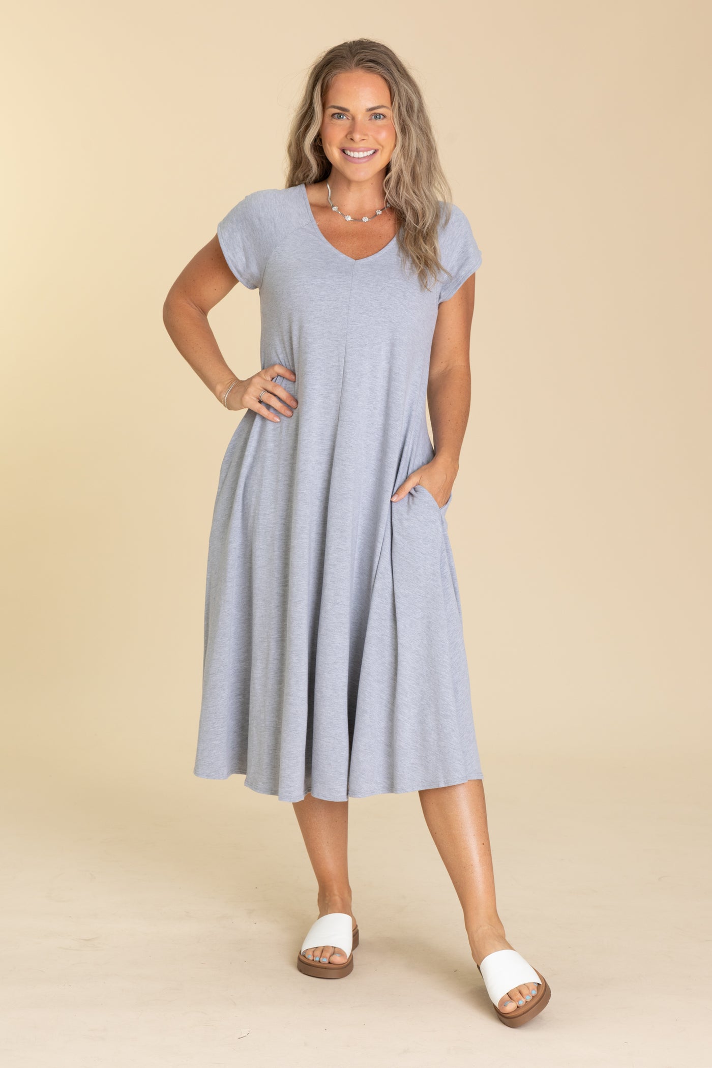 Heather Grey Cotton Jersey Flowy Midi Dress - S Heather Grey Cotton Jersey Flowy Midi Dress - S