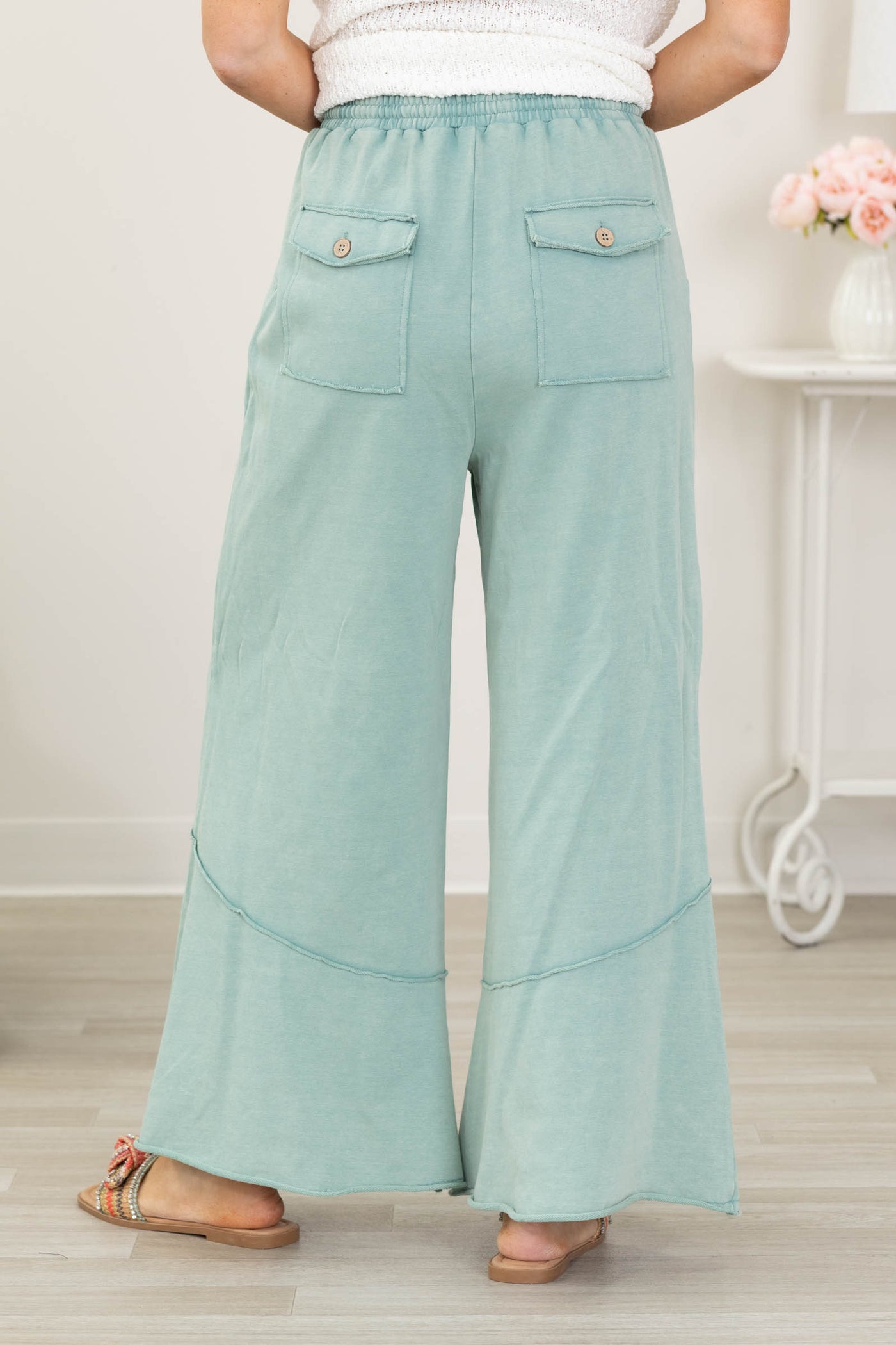 Dusty Green Washed Terry Pants With Pockets