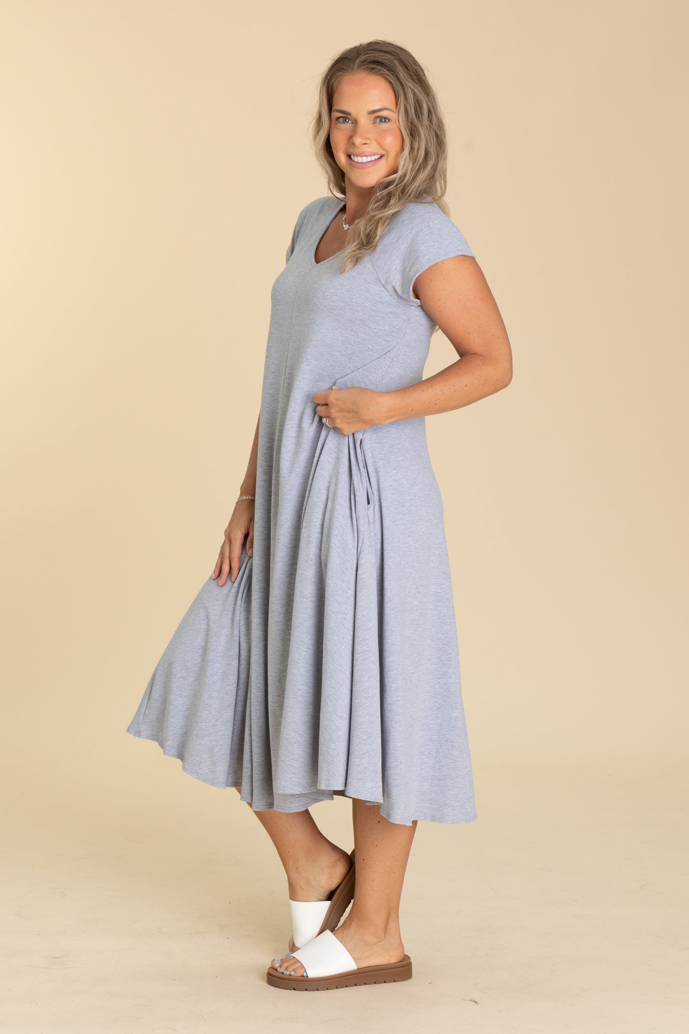 Heather Grey Cotton Jersey Flowy Midi Dress Filly Flair Heather Grey Cotton Jersey Flowy Midi Dress Filly Flair