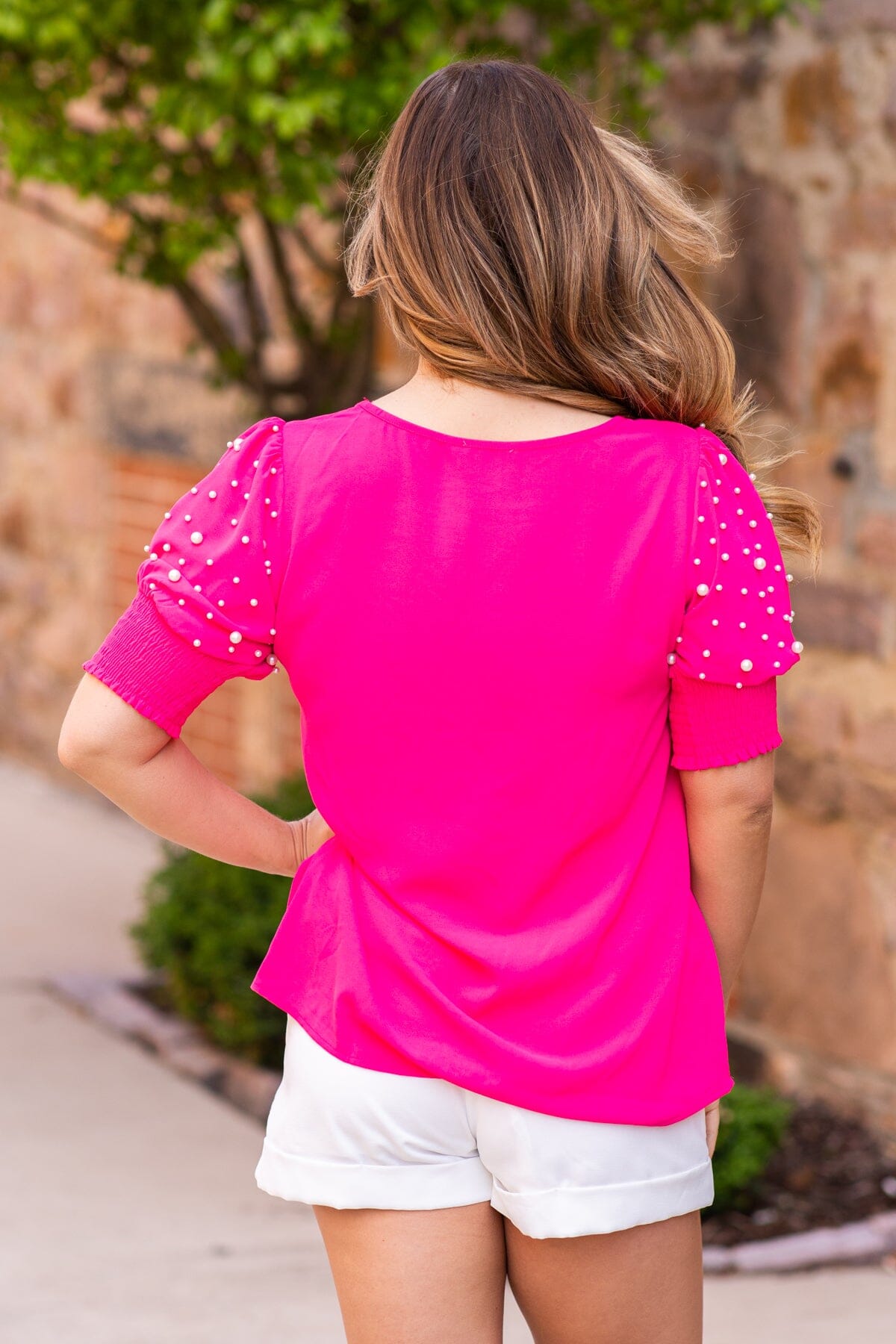 Hot Pink Pearl Detail Puff Sleeve Top - Filly Flair