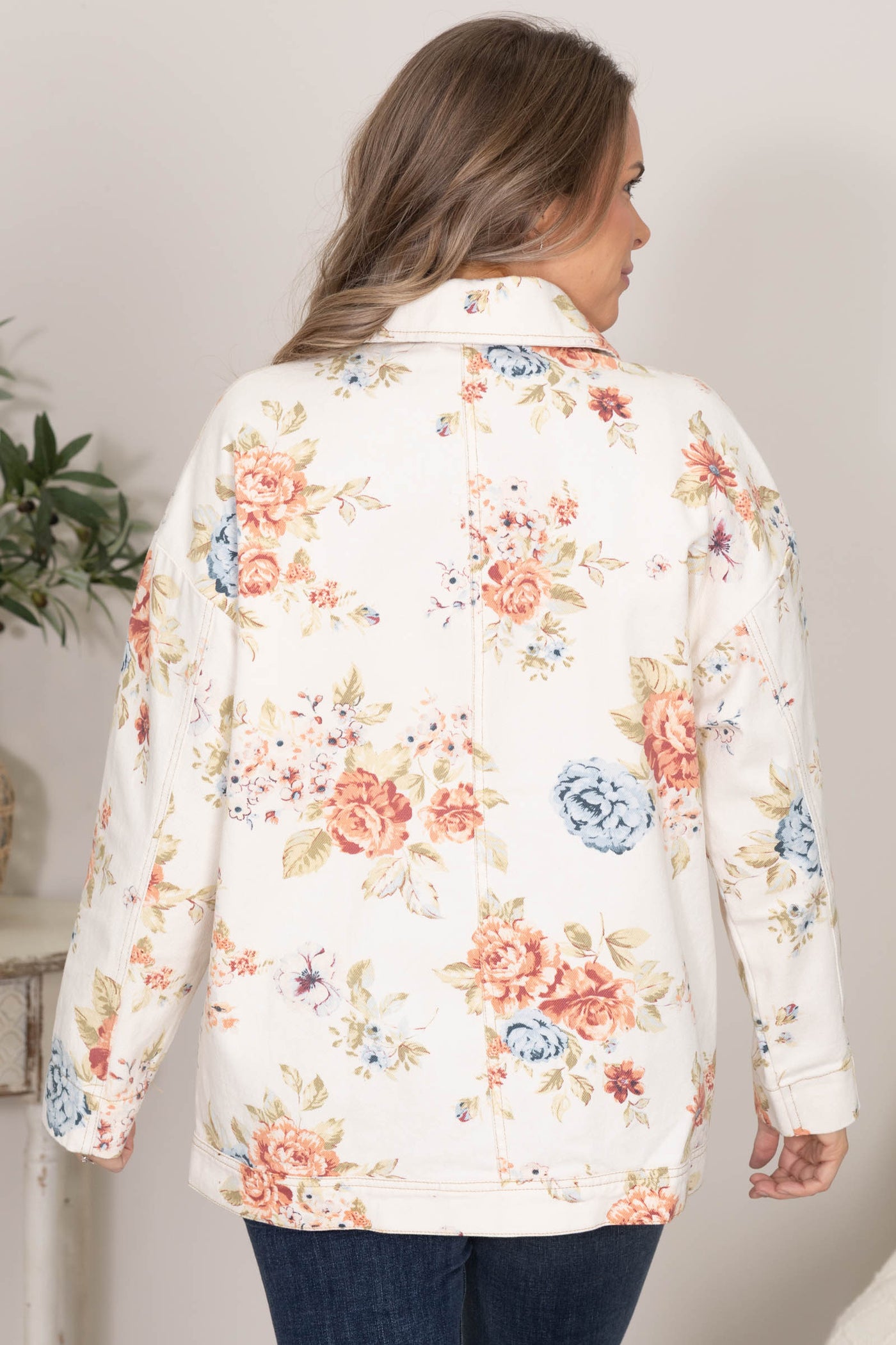 Light Beige Floral Collared Denim Jacket With Pockets
