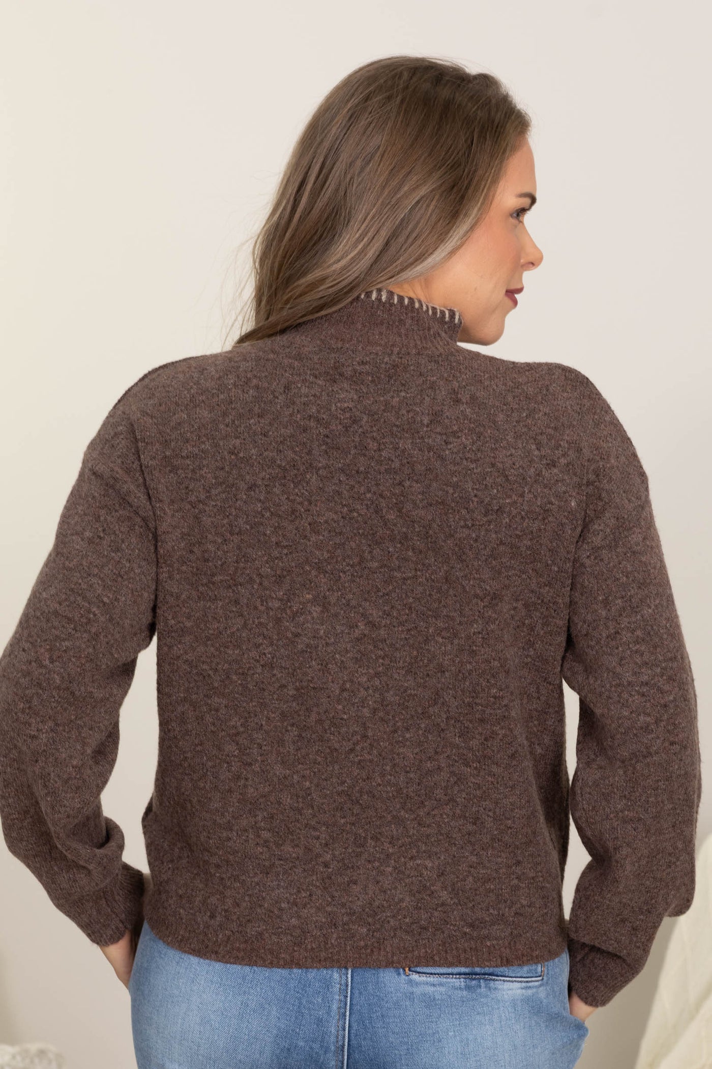 Brown Floral Embroidery Mock Neck Knit Sweater