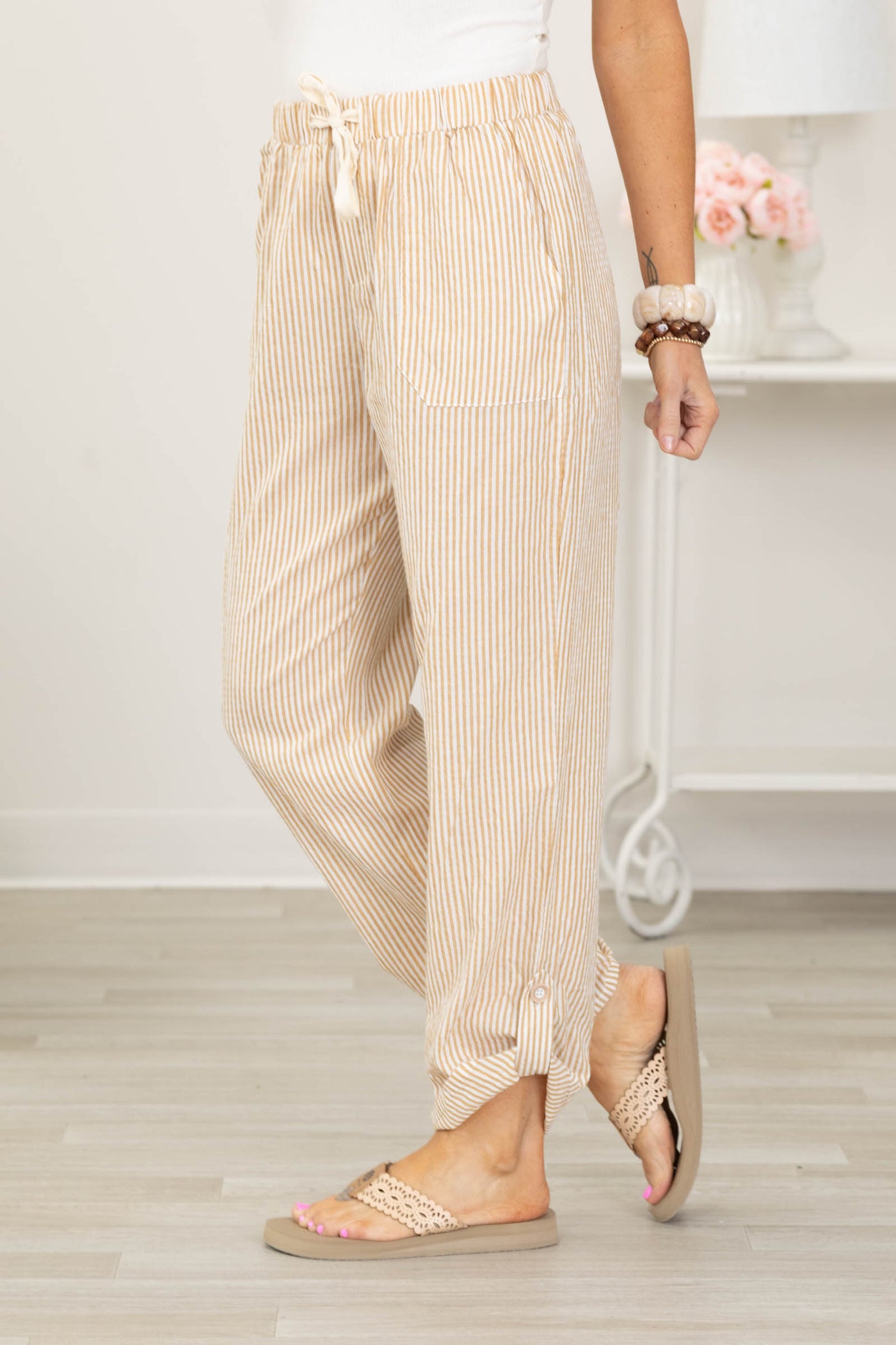 Tan Striped Rolled Hem Elastic Waist Pants- 100% Cotton