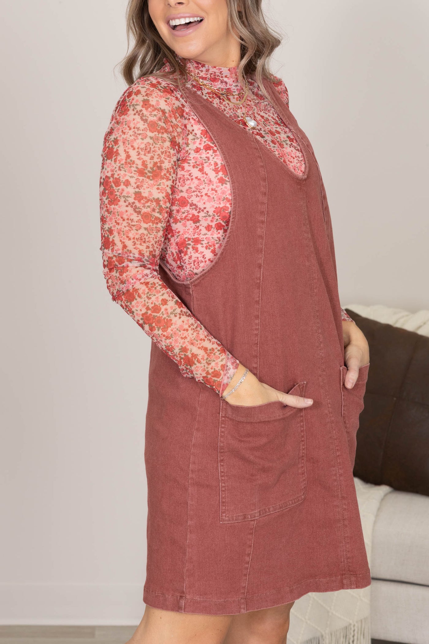 Rust Stretched V-Neck Denim Overall Dress