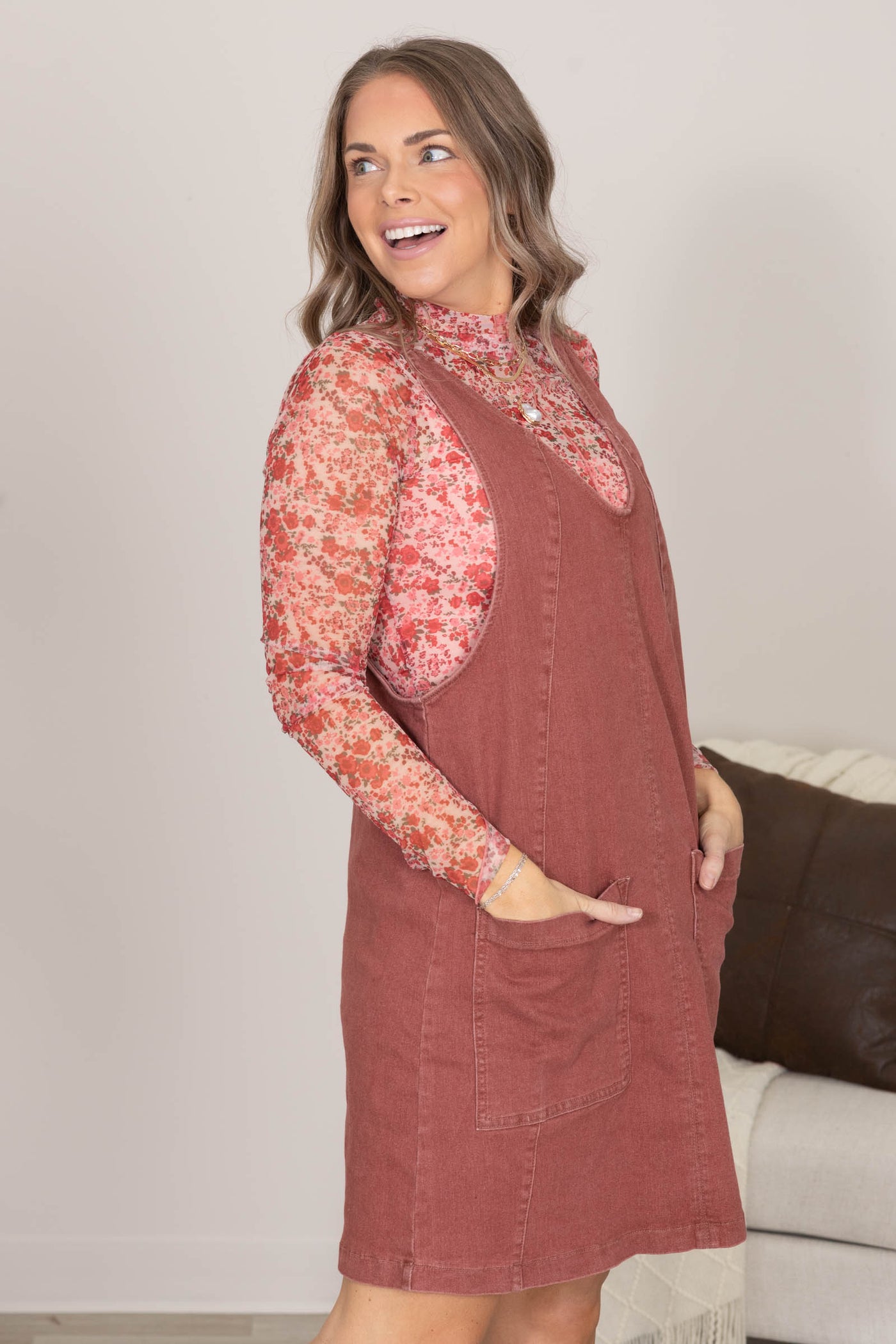 Pink Floral Lettuce Edge Mesh Mock Neck Knit Top