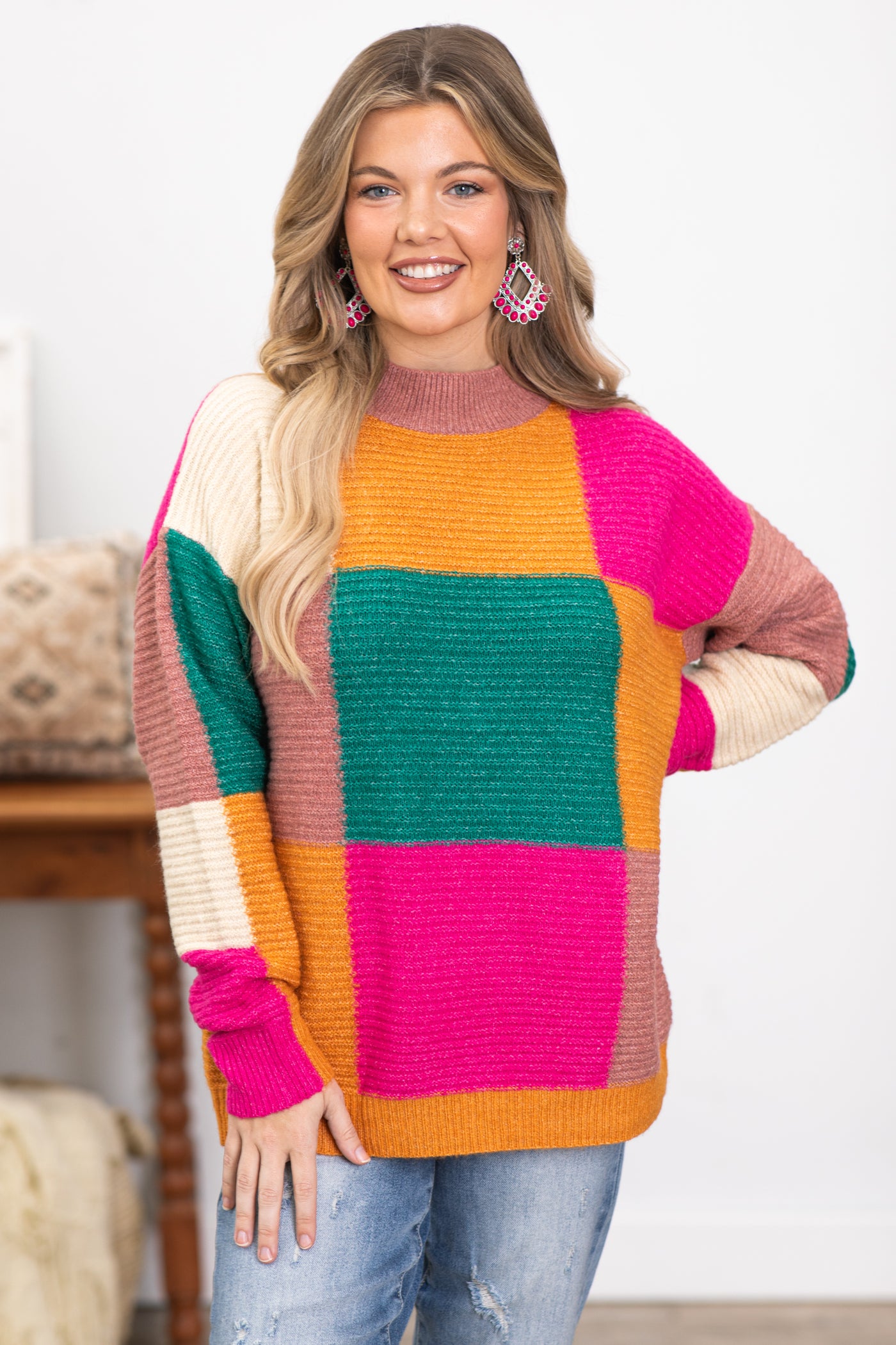 Turquoise and Fuchsia Colorblock Sweater · Filly Flair