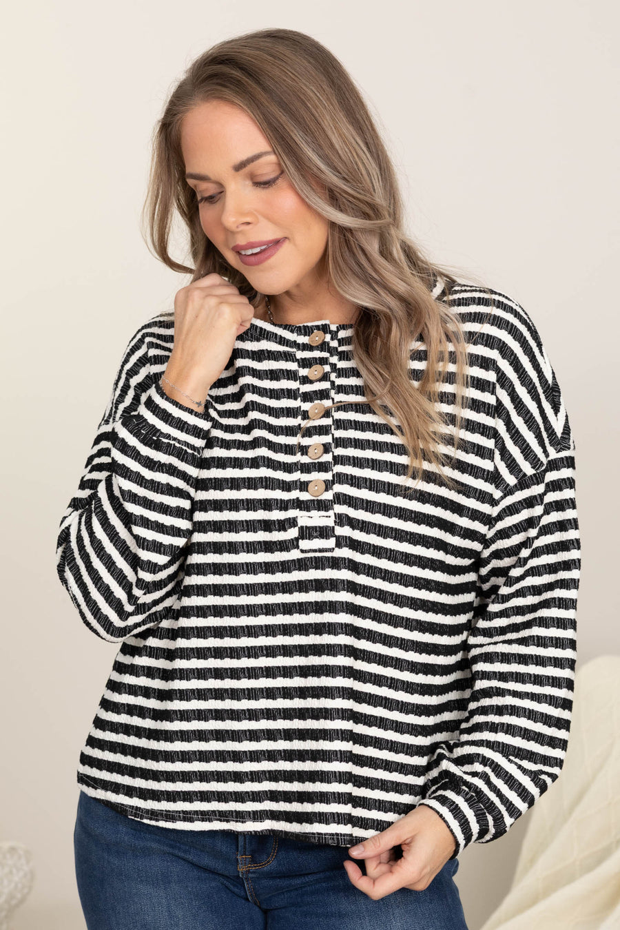 Stripe Textured Long Sleeve Henley Knit Tops