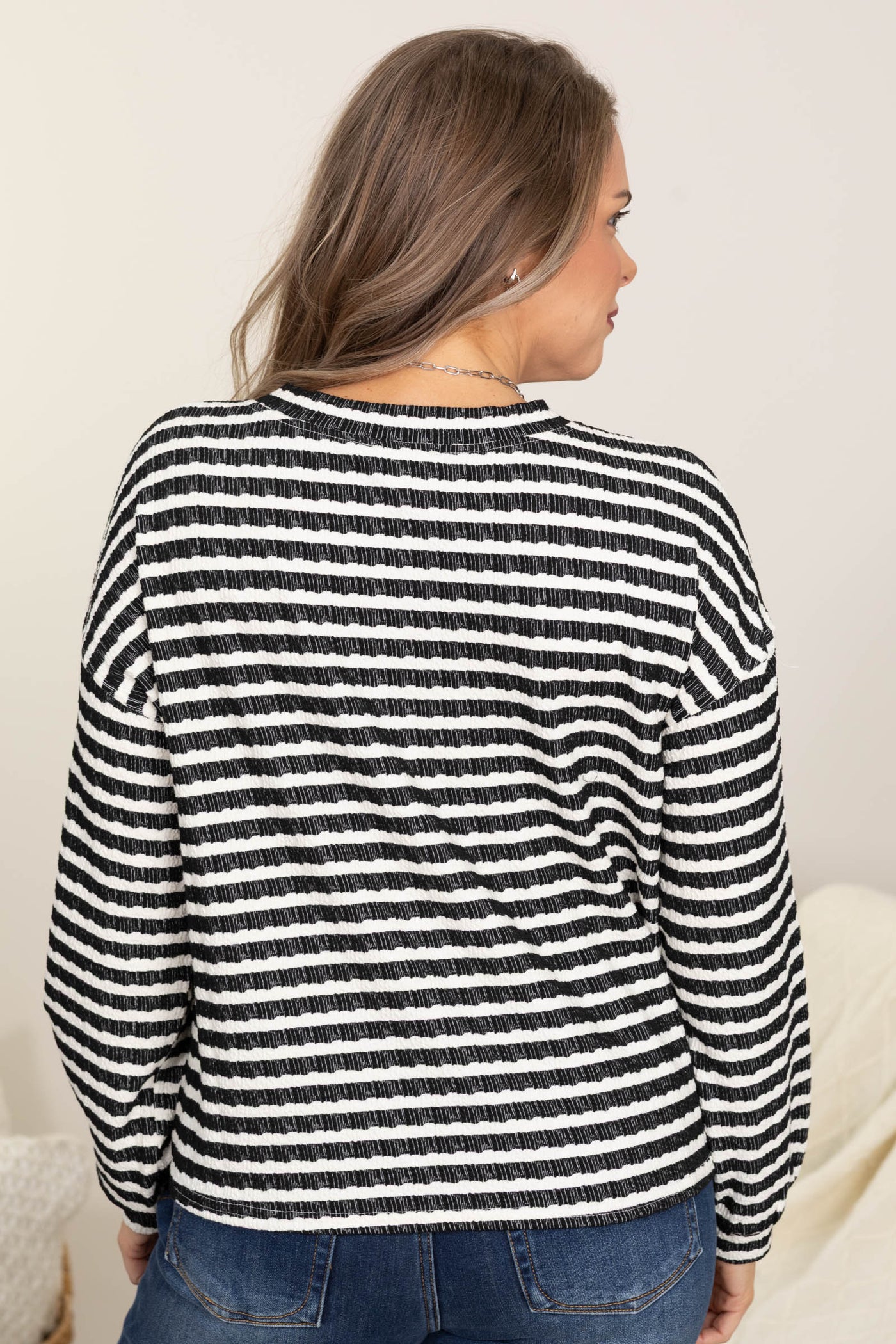 Stripe Textured Long Sleeve Henley Knit Tops