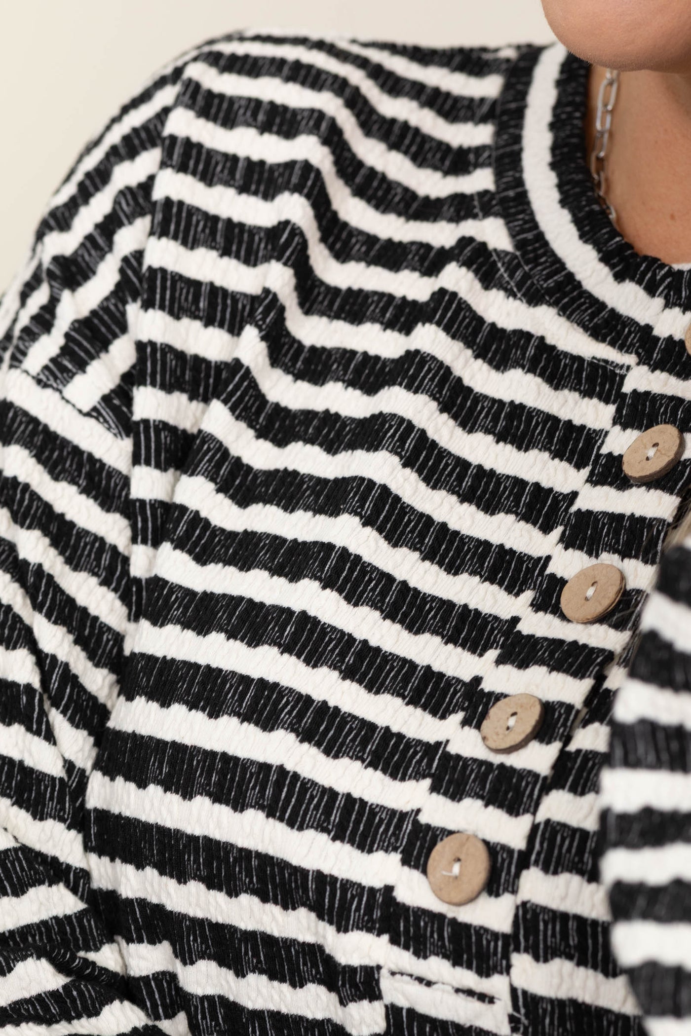 Stripe Textured Long Sleeve Henley Knit Tops