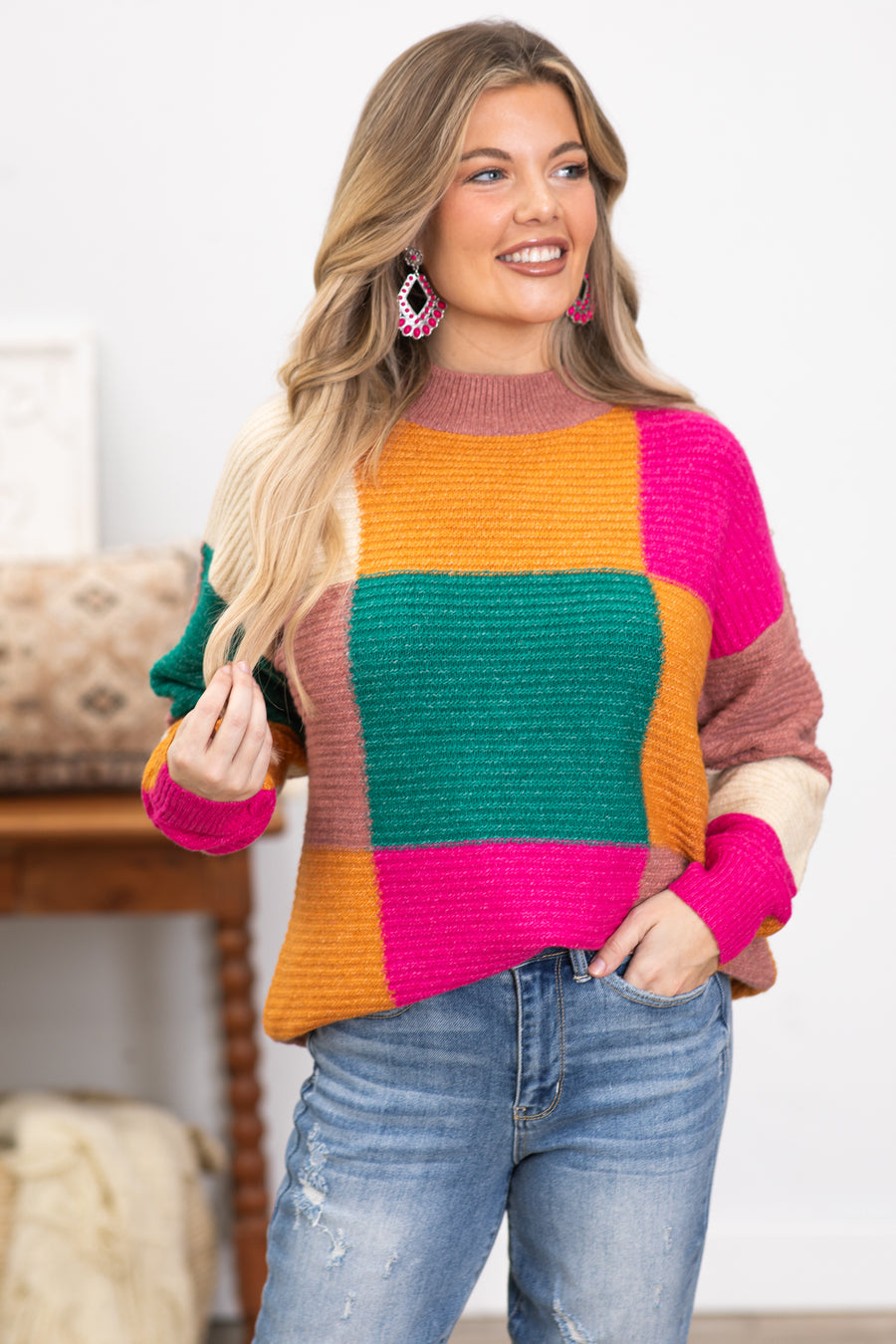 Turquoise and Fuchsia Colorblock Sweater · Filly Flair