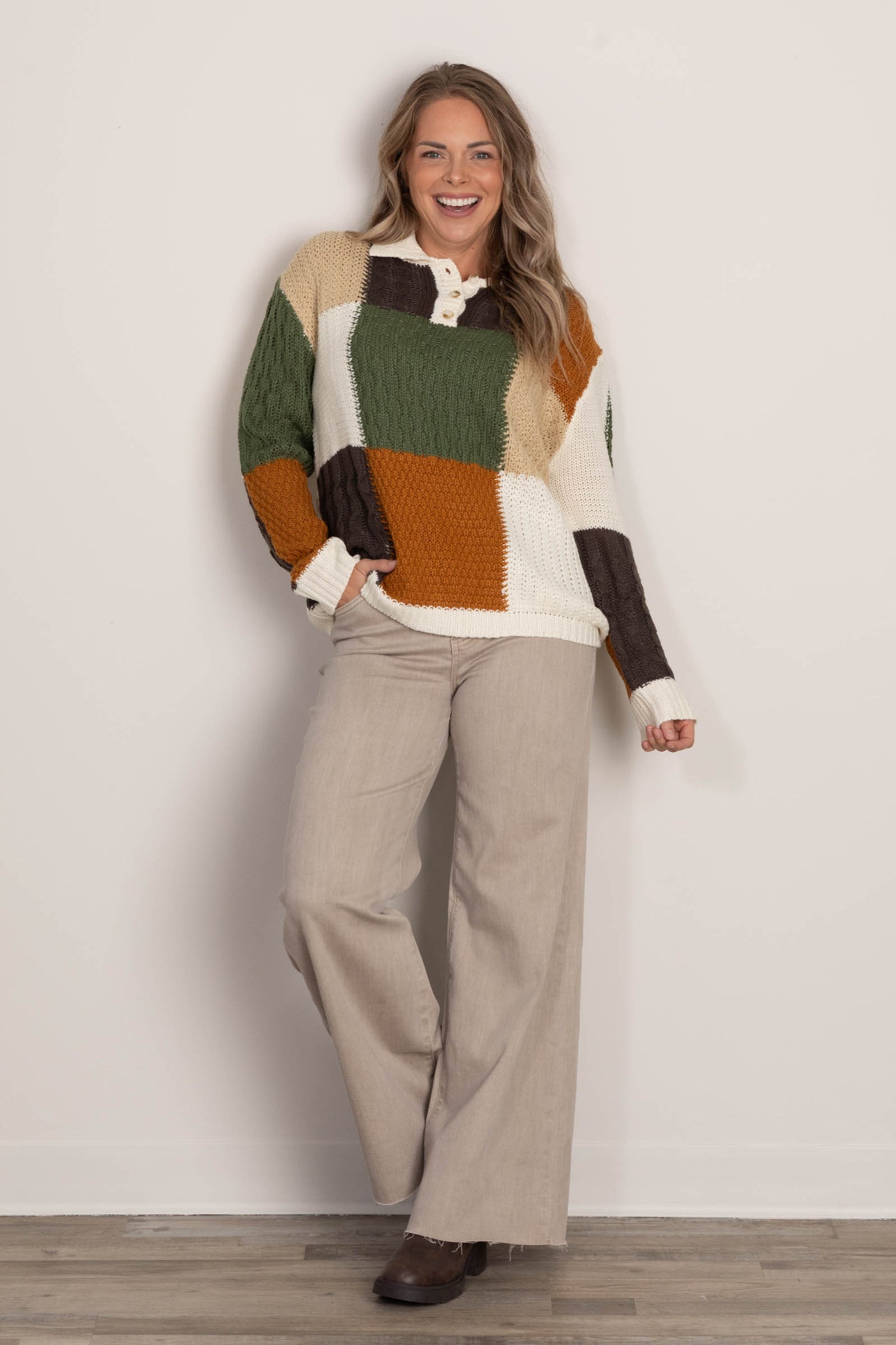 Ivory And Olive Colorblock Button Sweater