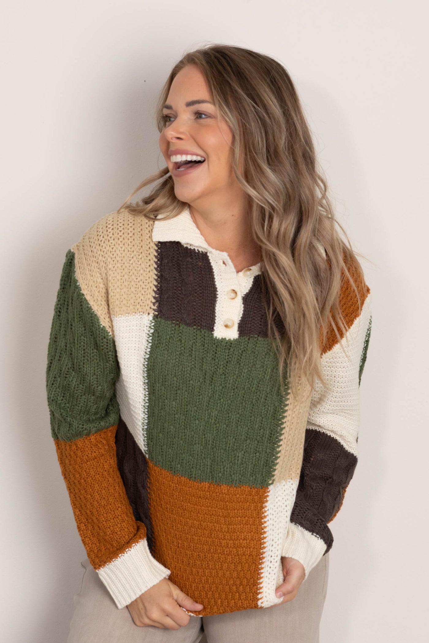 Ivory And Olive Colorblock Button Sweater