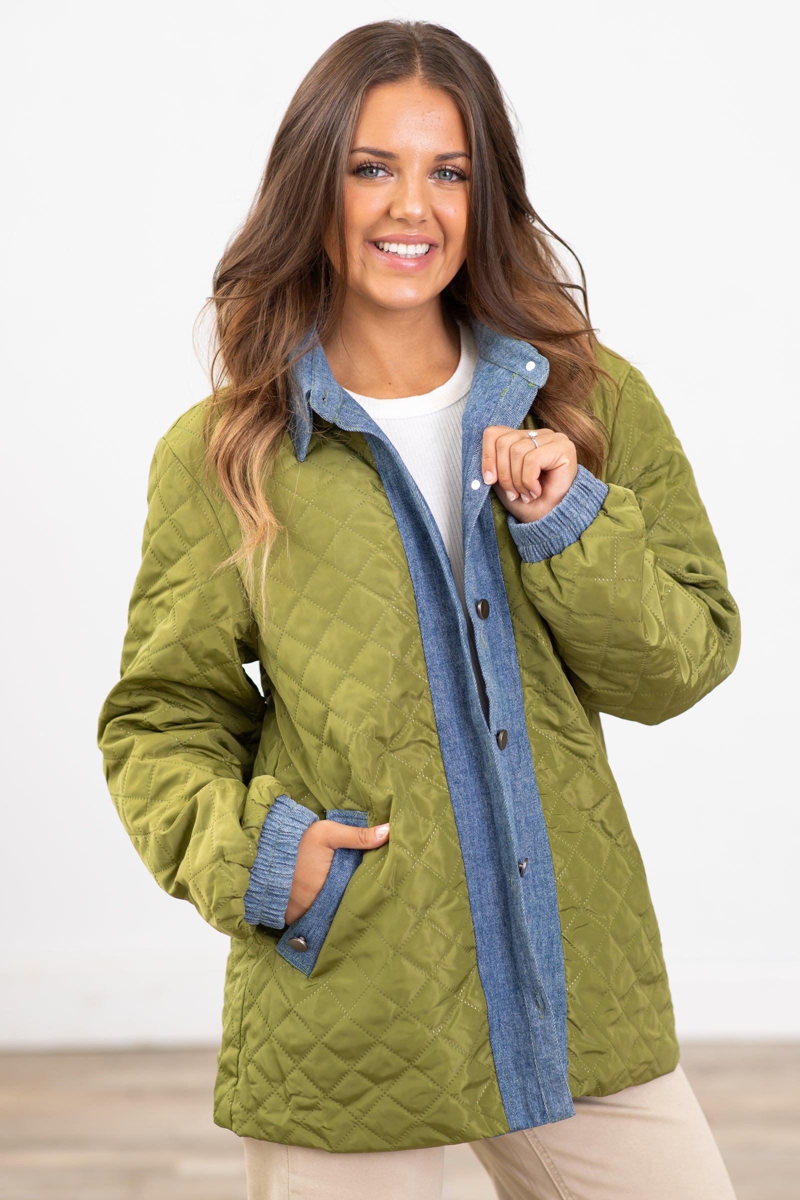 Olive Quilted Jacket With Denim Trim Detail