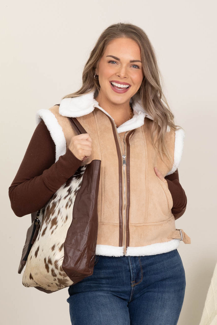 Tan Contrast Faux Shearling Zip Up Vest