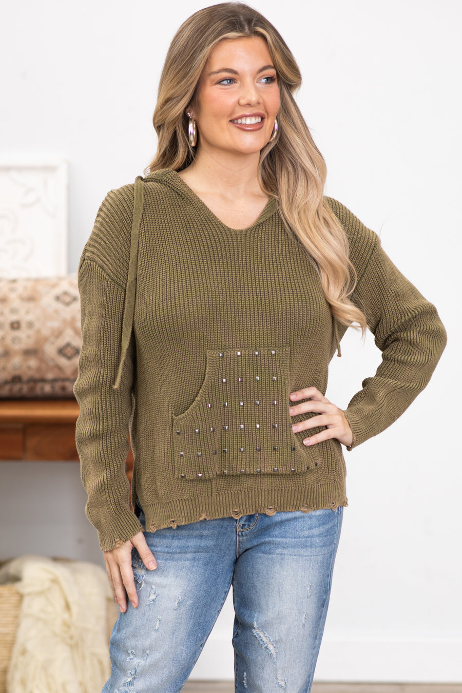 Olive Hooded Sweater With Studded Pocket