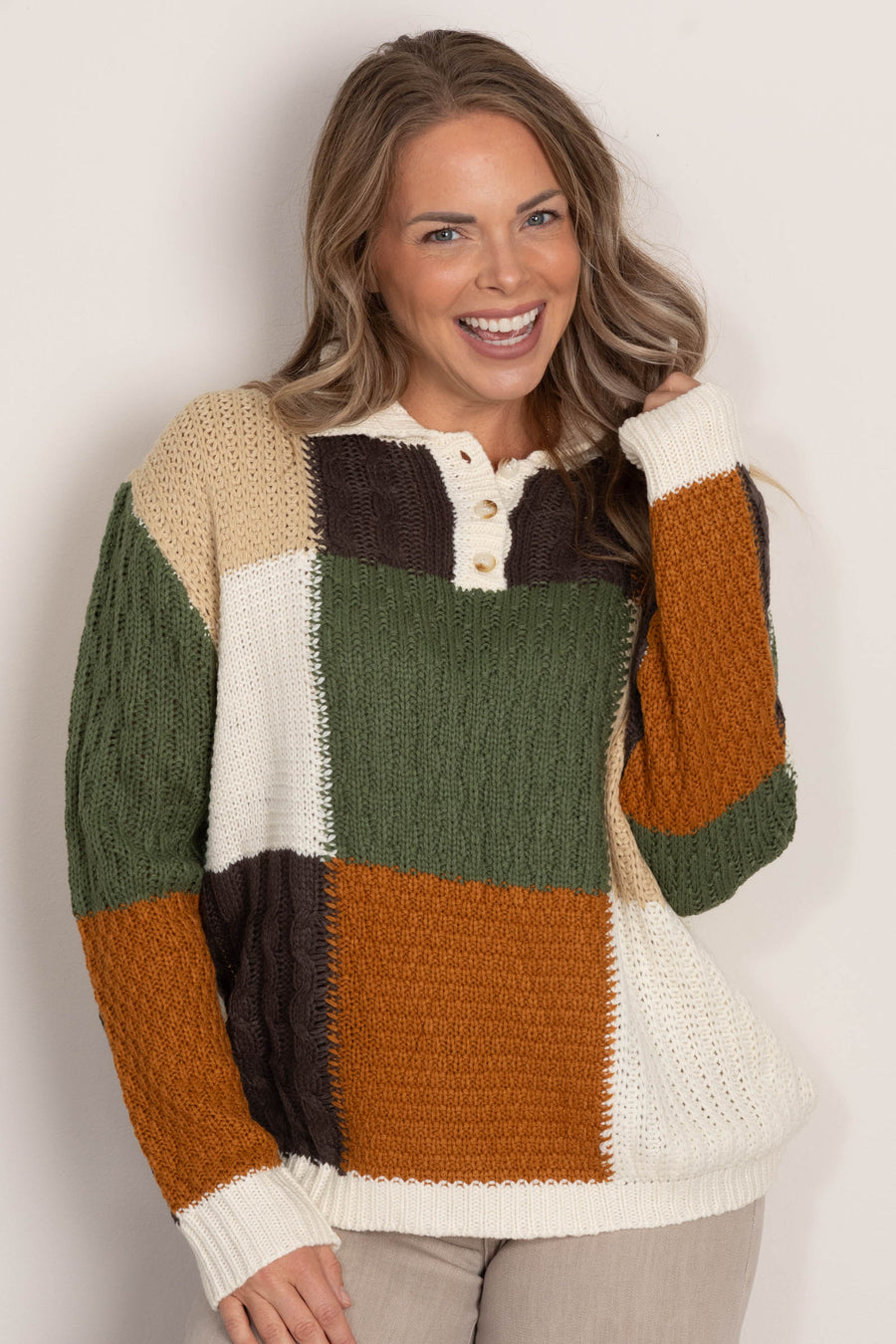 Ivory And Olive Colorblock Button Sweater