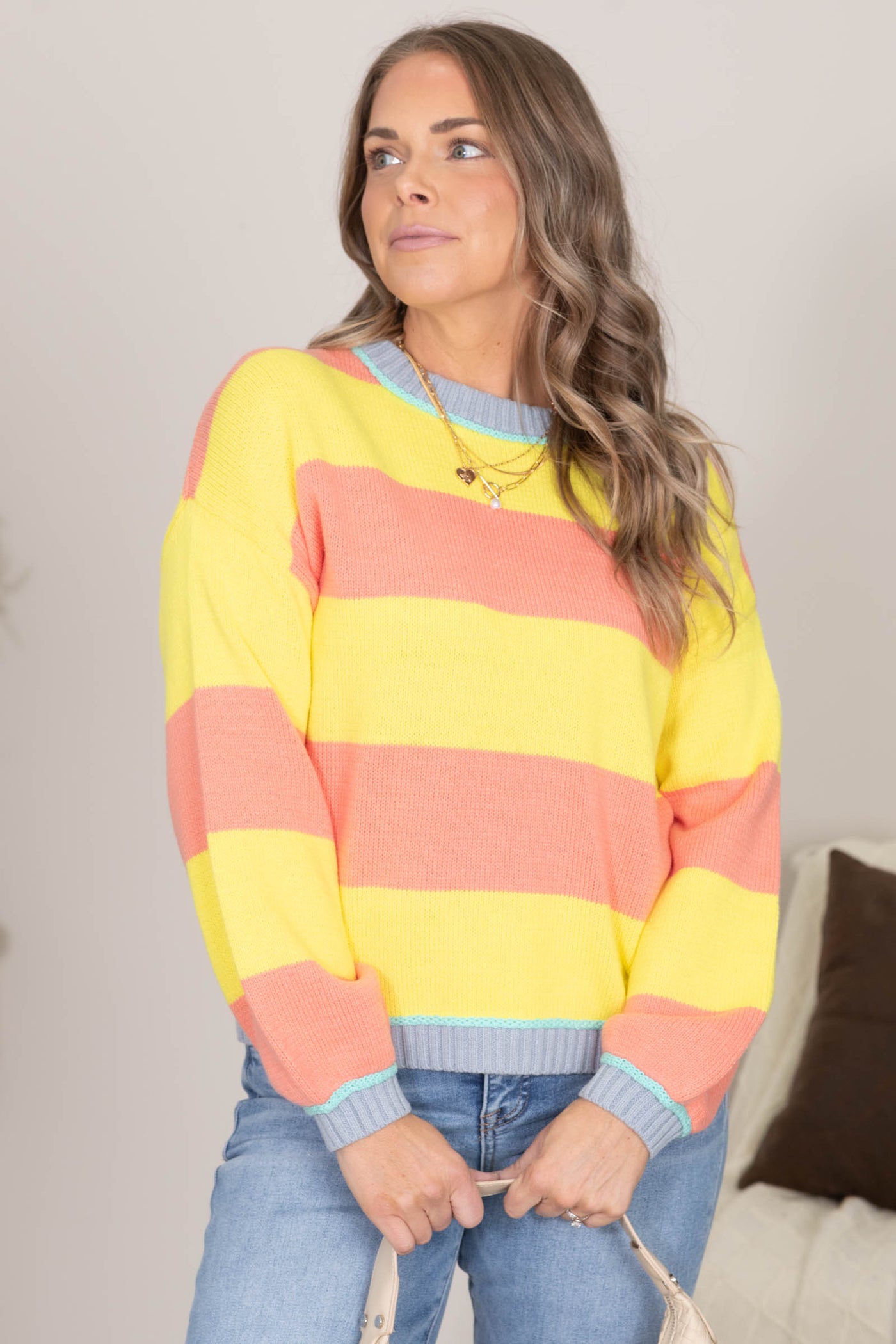 Yellow and Coral Striped Block Sweater Top