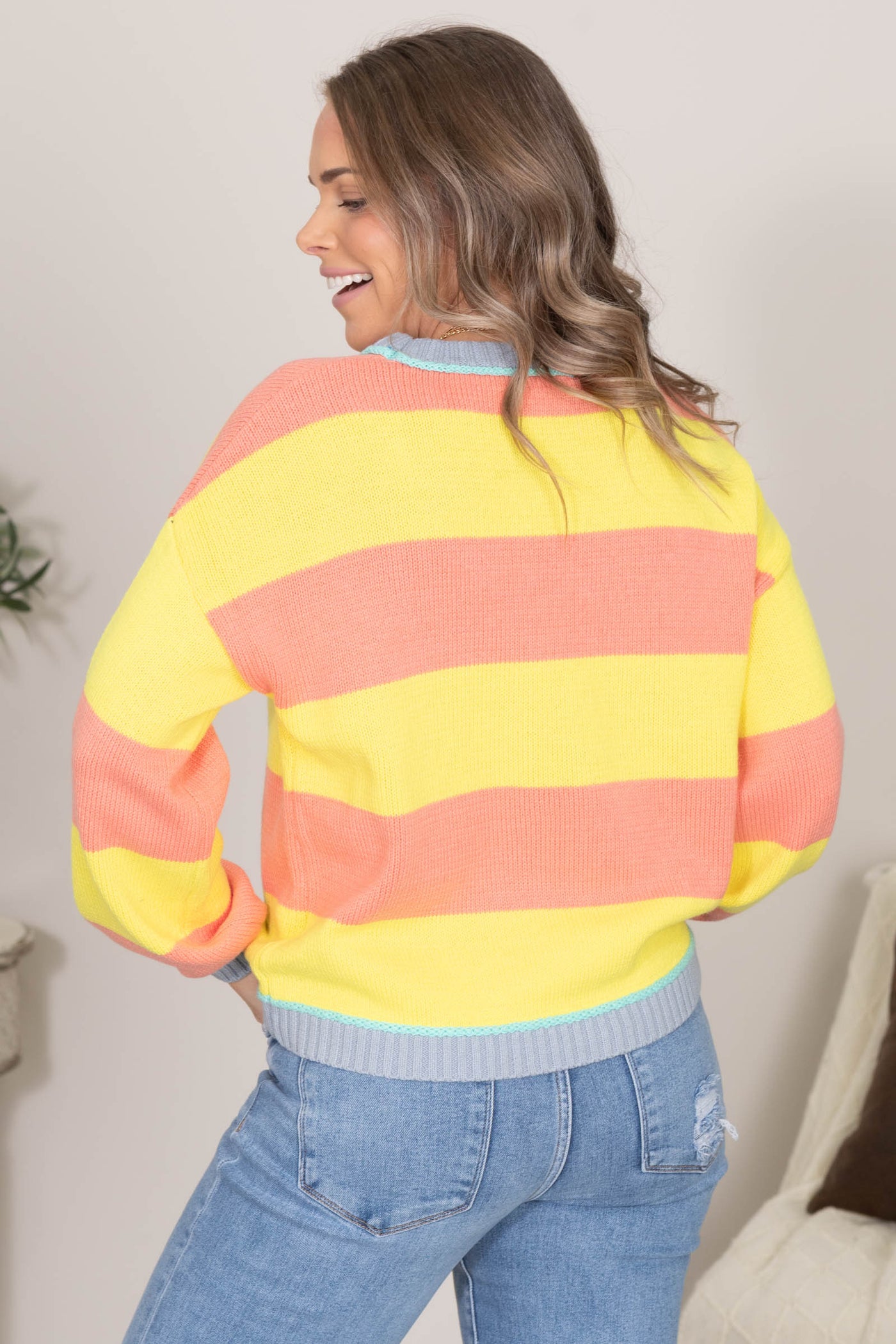 Yellow and Coral Striped Block Sweater Top