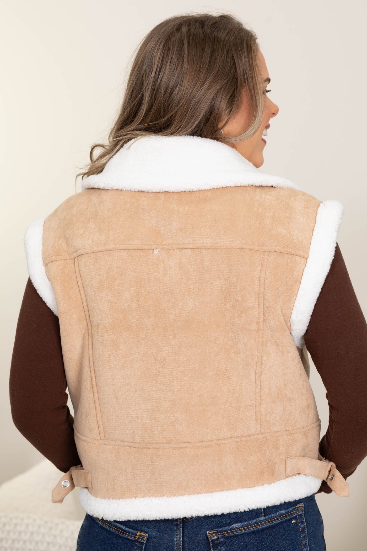 Tan Contrast Faux Shearling Zip Up Vest