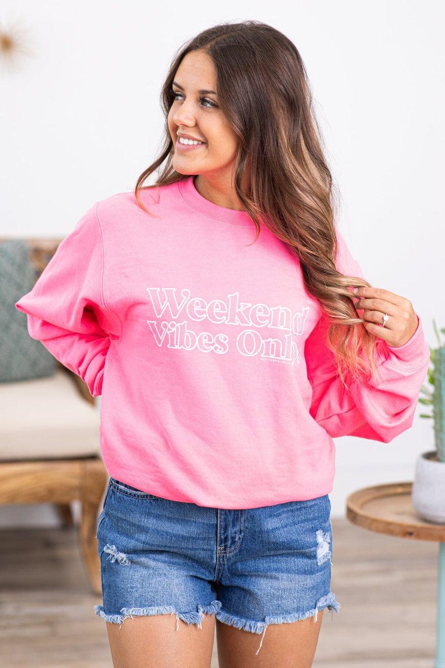 Neon Pink Weekend Vibes Graphic Sweatshirt - Filly Flair