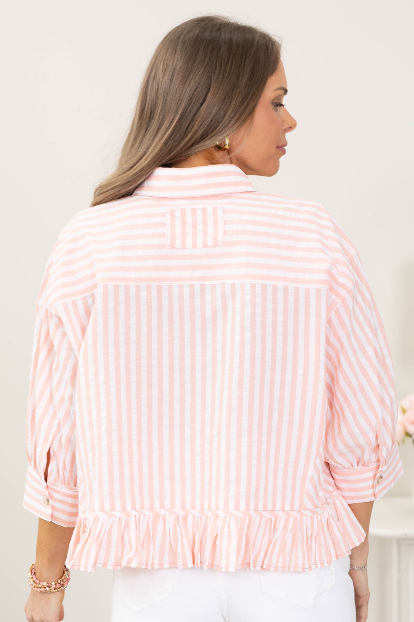 Peach Frill Bottom Stripe Button Down Top