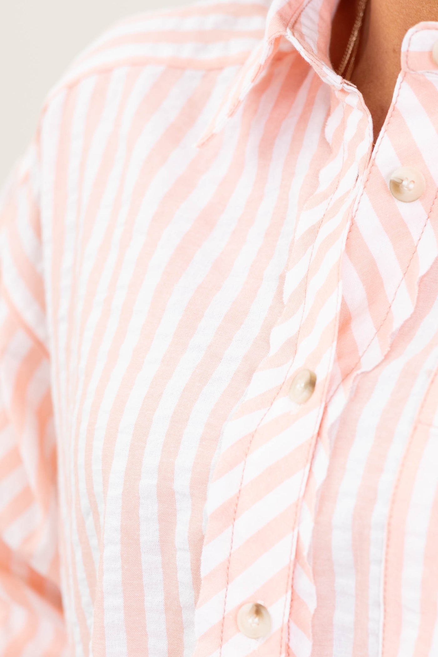 Peach Frill Bottom Stripe Button Down Top