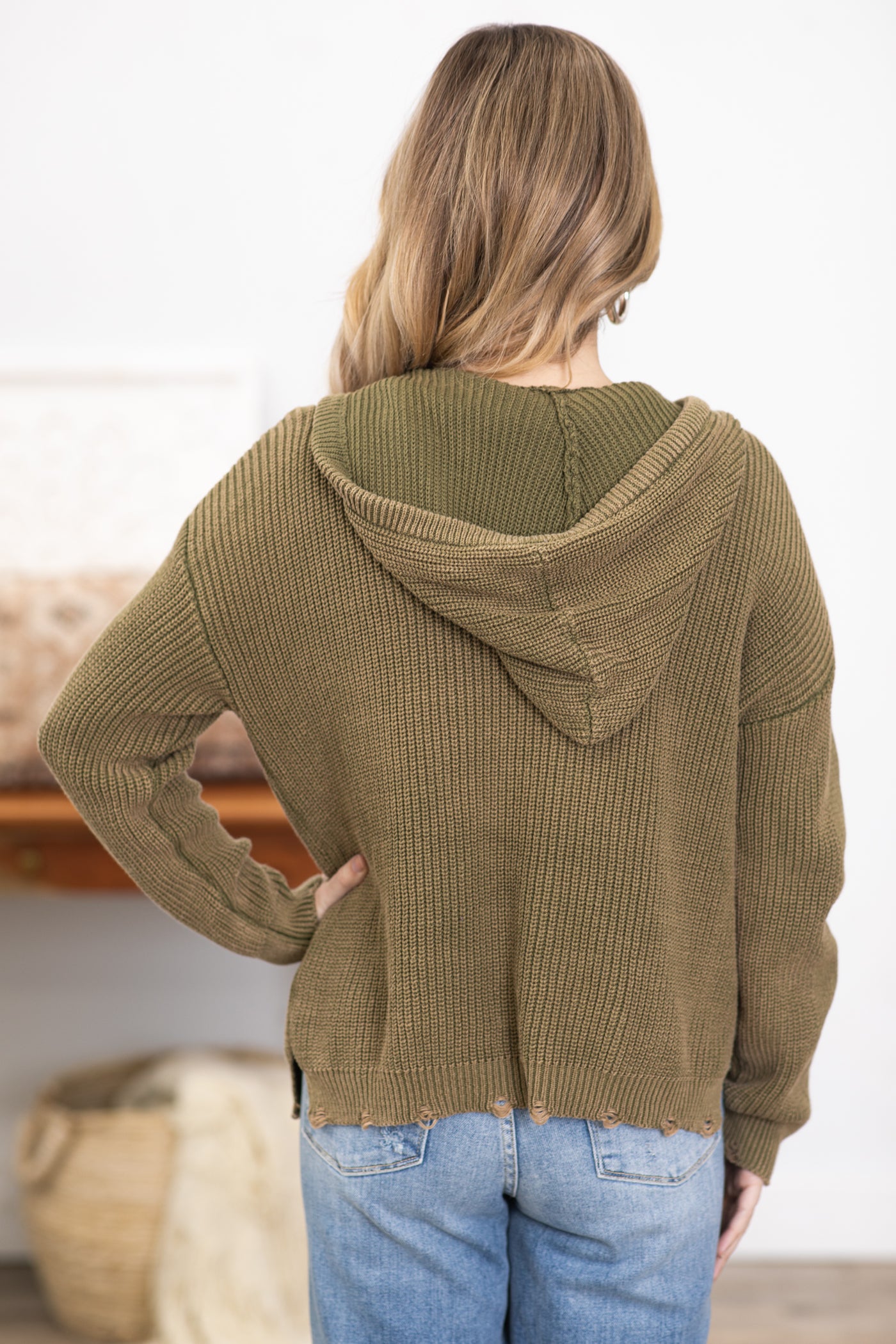 Olive Hooded Sweater With Studded Pocket