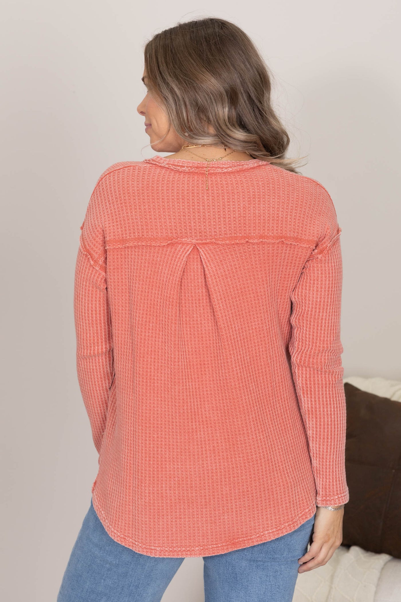 Rust Mineral Wash Waffle Cotton V-Neck Knit Top