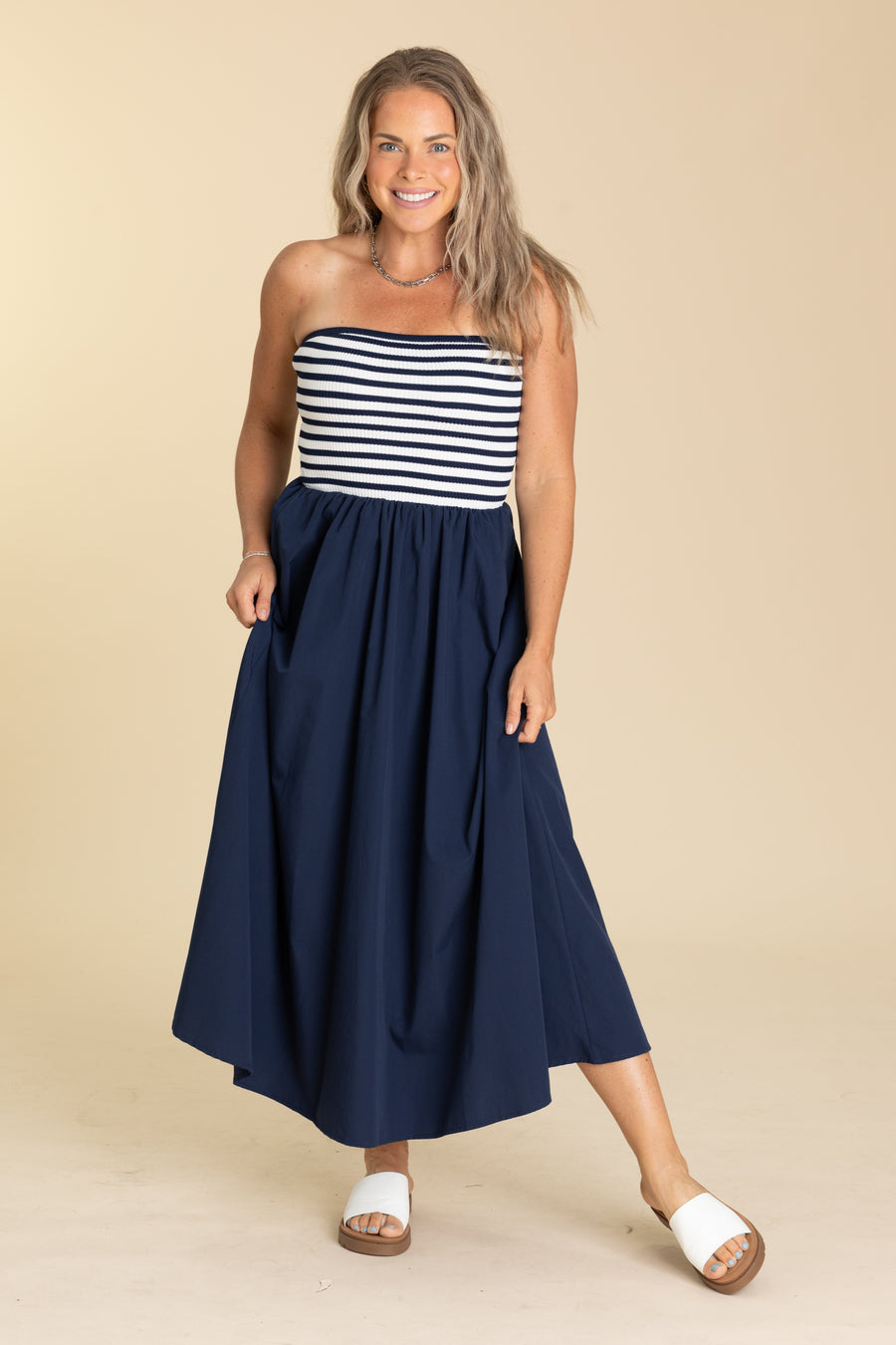Navy Stripe Knit Top Woven Skirt Midi Dress
