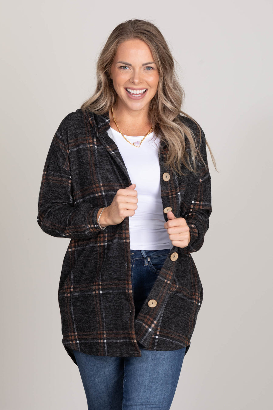 Charcoal And Camel Plaid Hooded Light Shacket