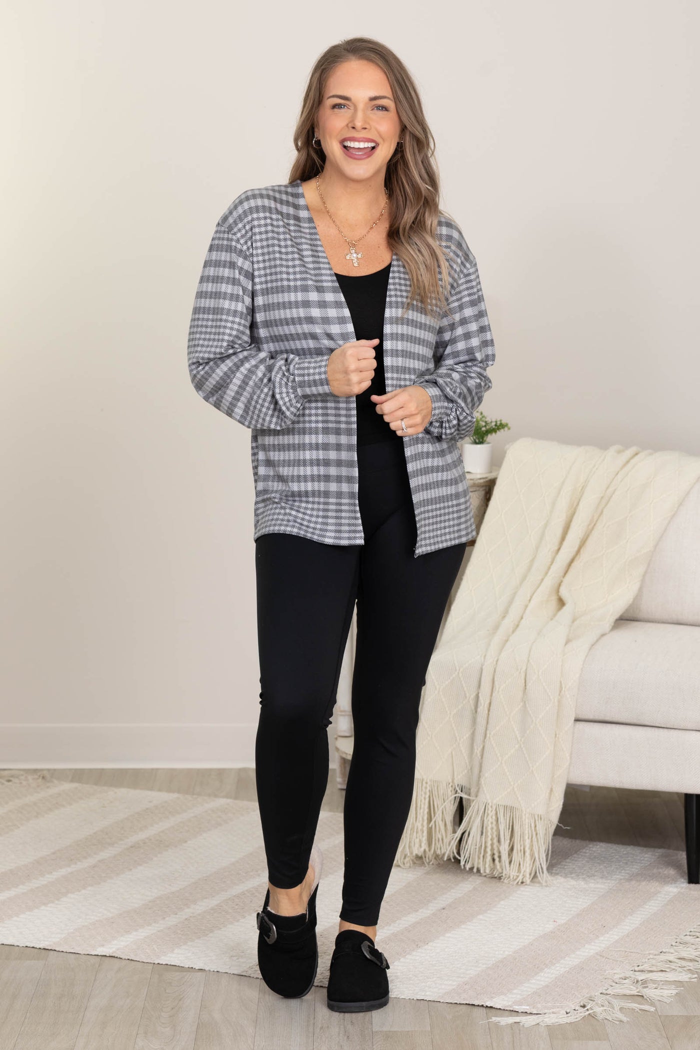 Charcoal and Grey Plaid Knit Cardigan