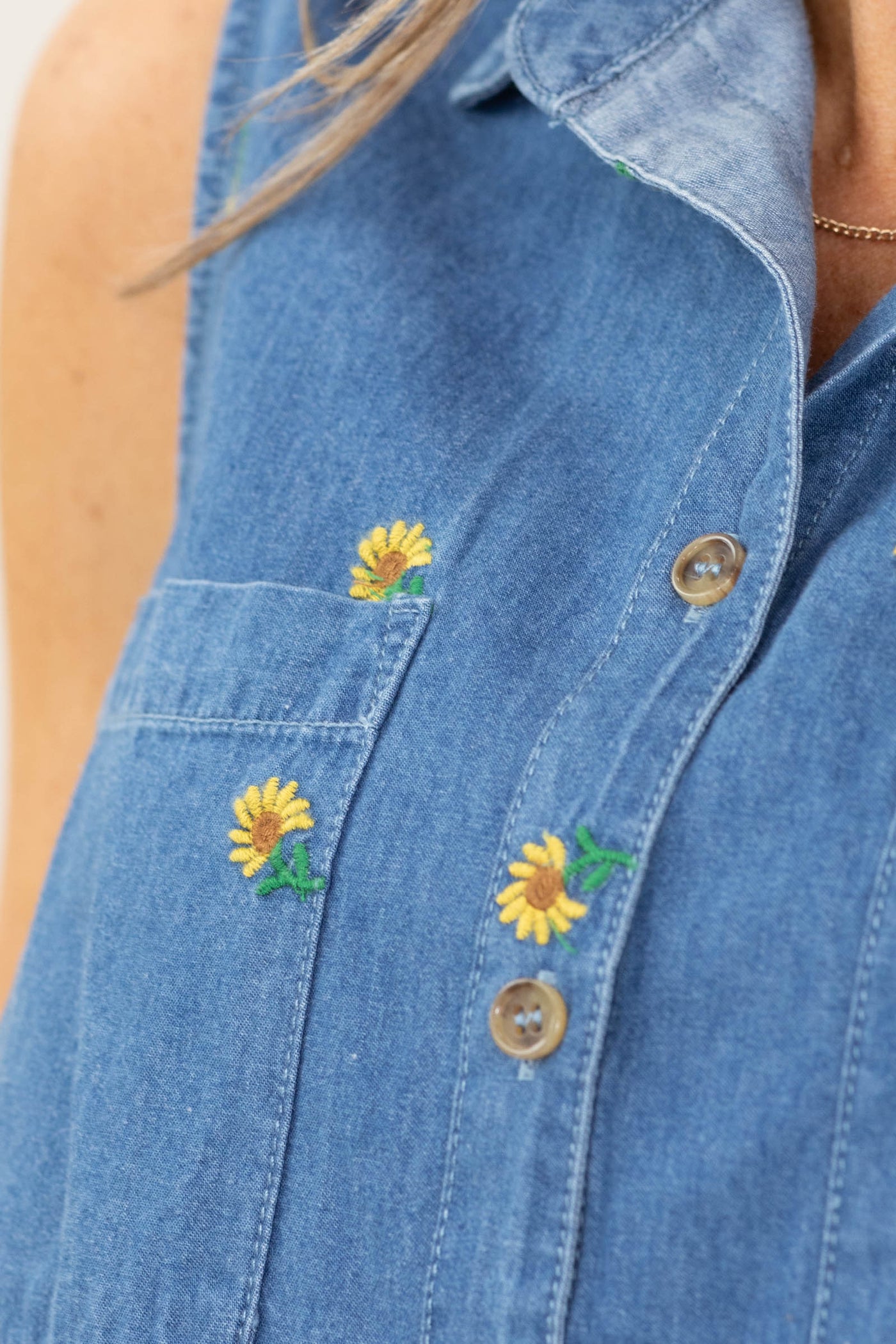 Denim Collared Floral Button Up Tank Top- 100% Cotton