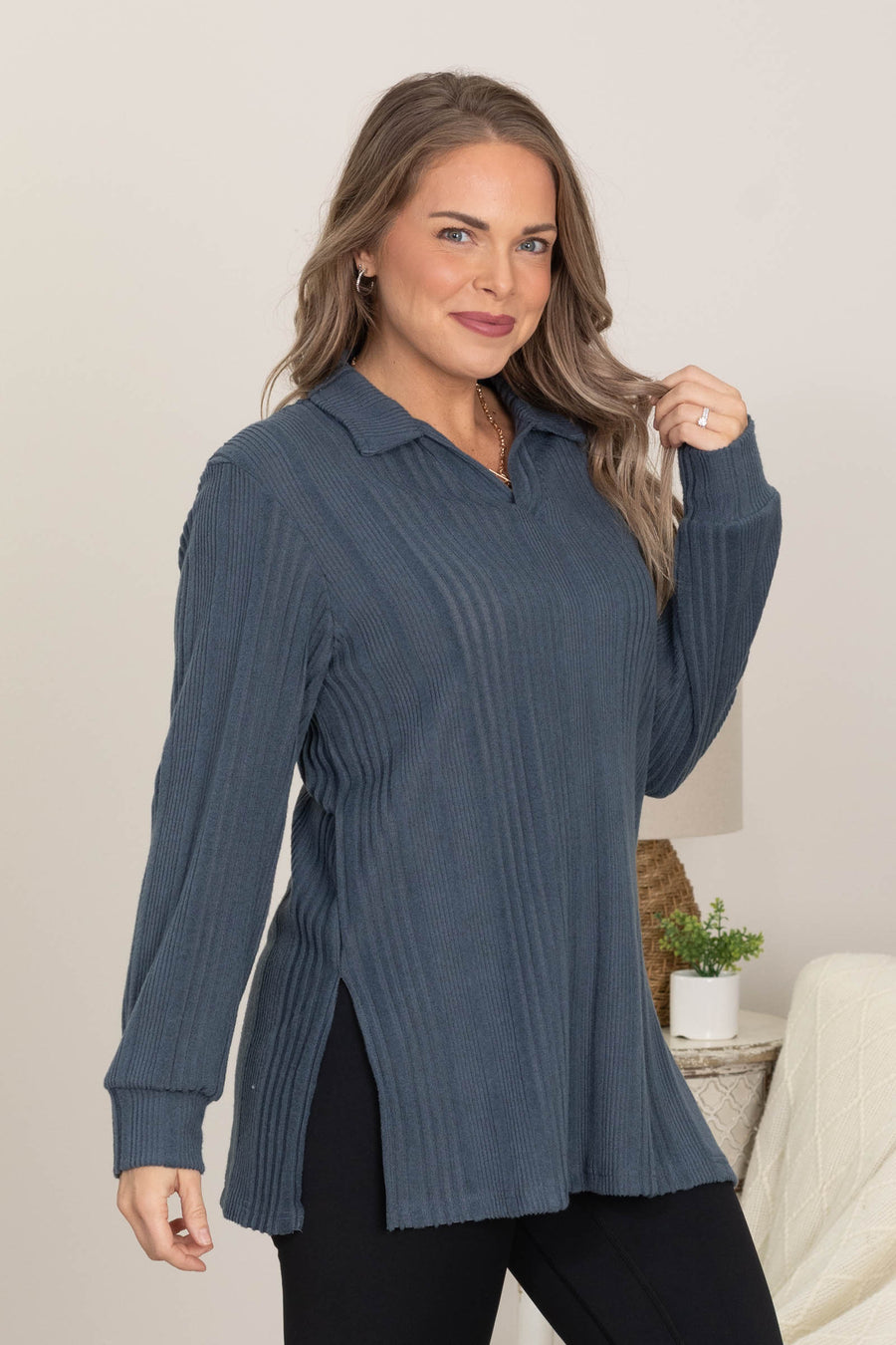 Denim Blue Wide Ribbed Hacci Tunic