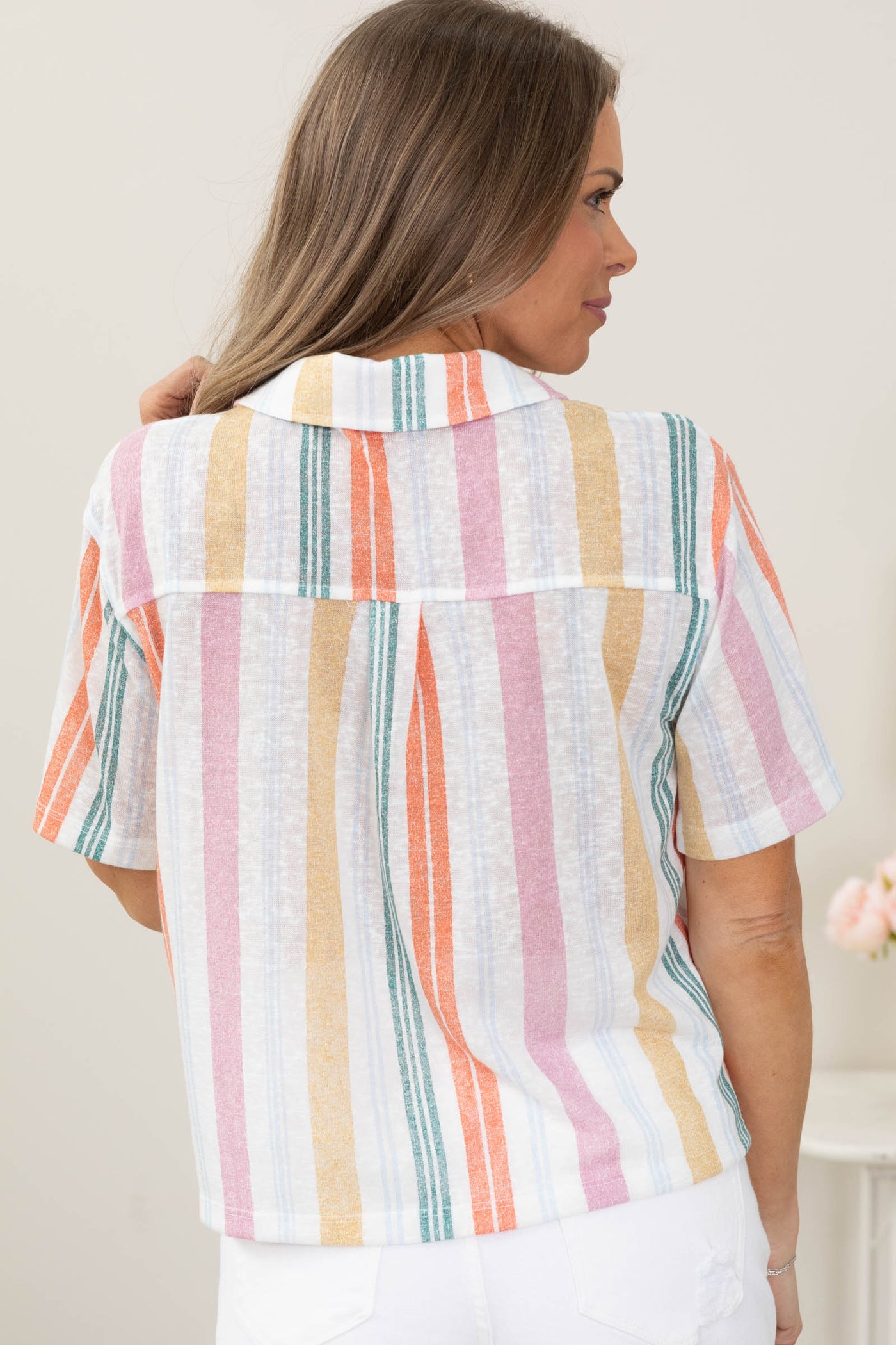Multicolor Stripe V-Neck Button Up Top