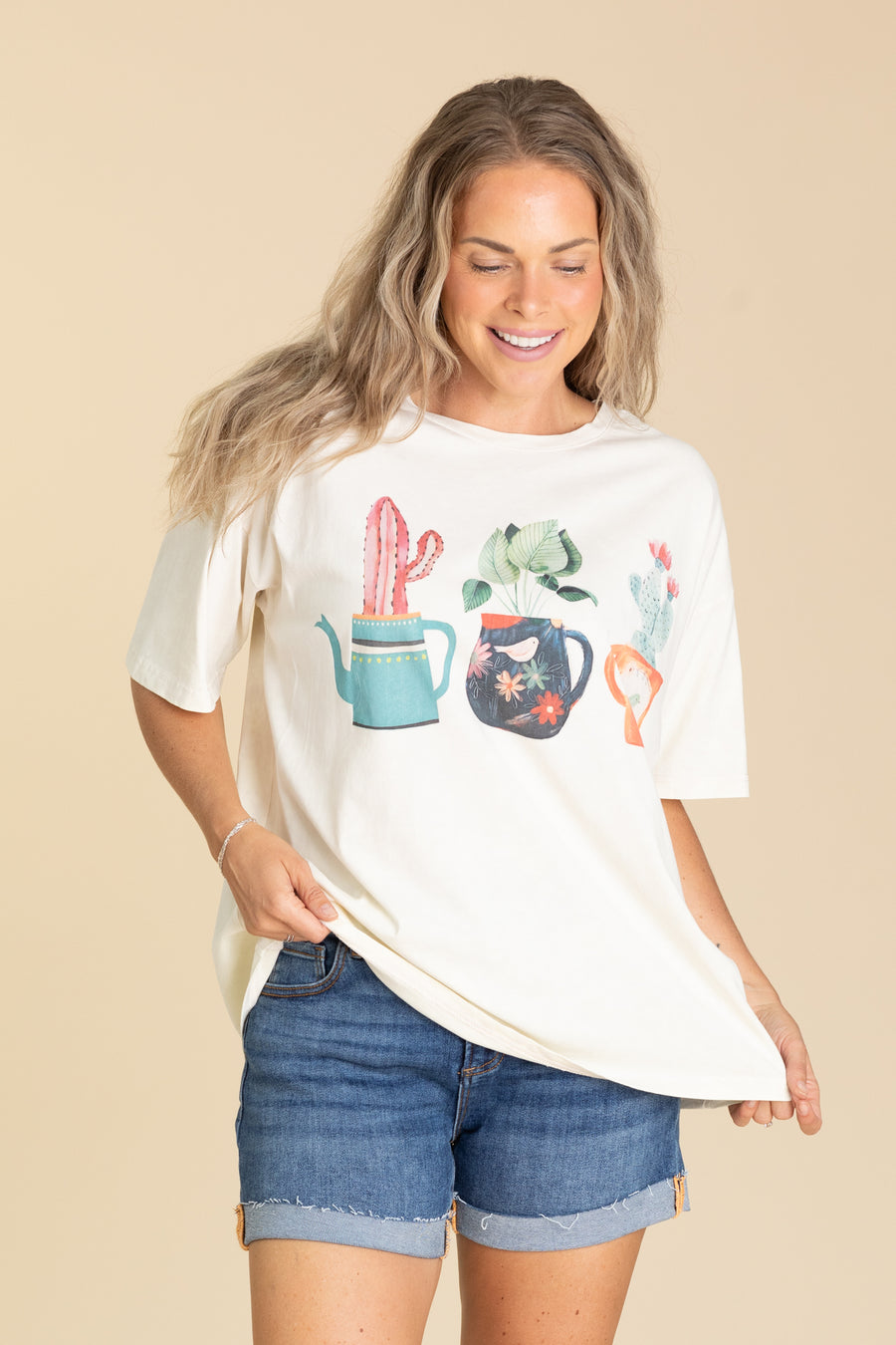 Ivory Cactus Print Washed Knit Top