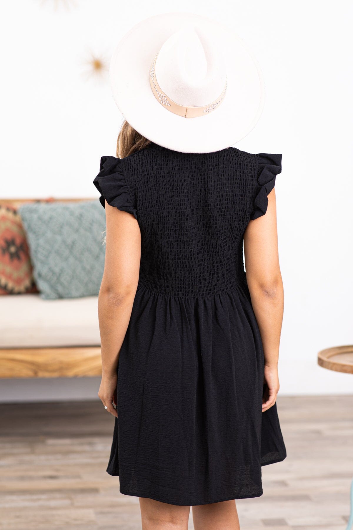 Black Flutter Sleeve Smocked Bodice Dress - Filly Flair