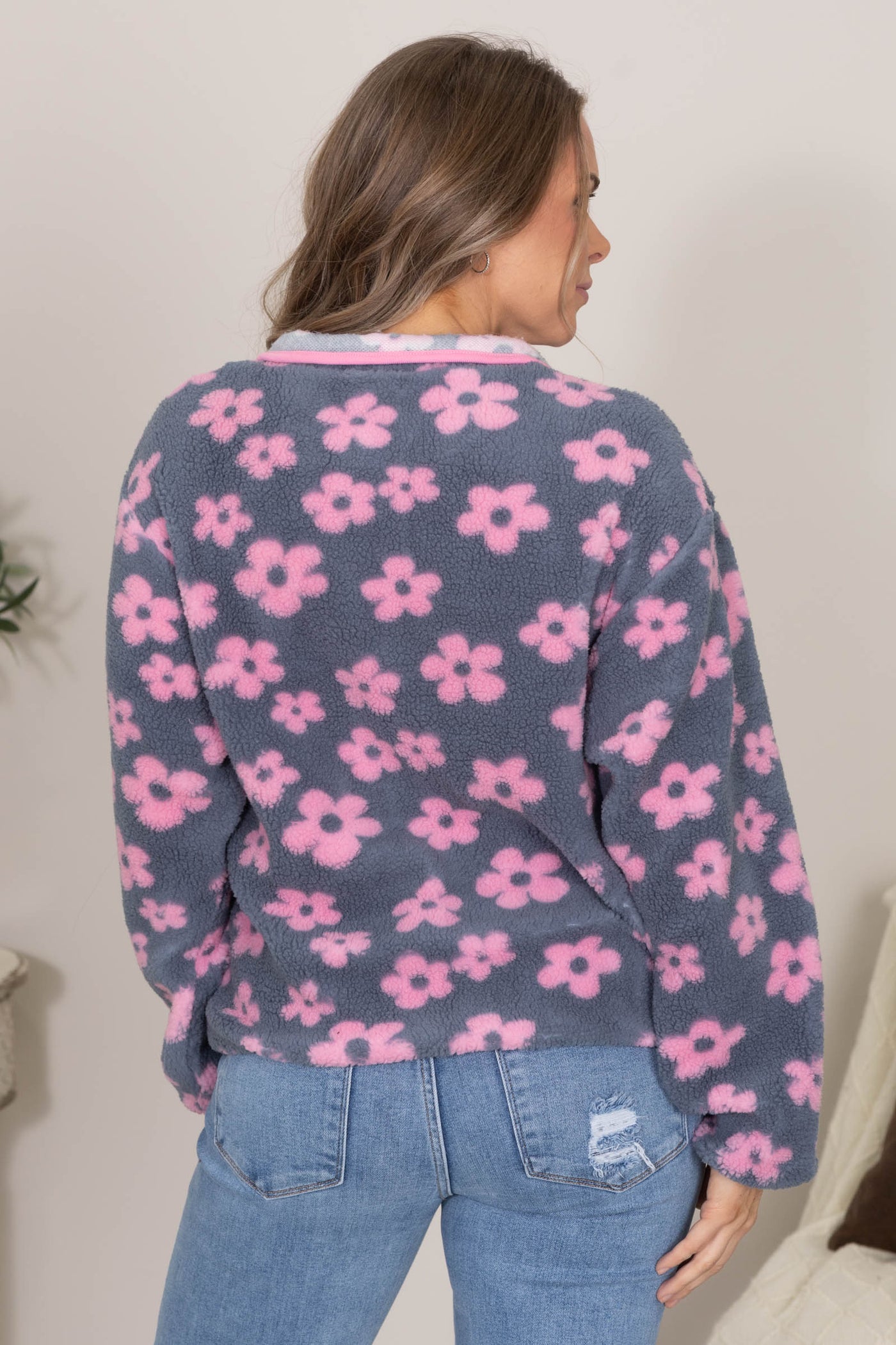 Grey and Pink Flower Pattern Fur Pullover Top