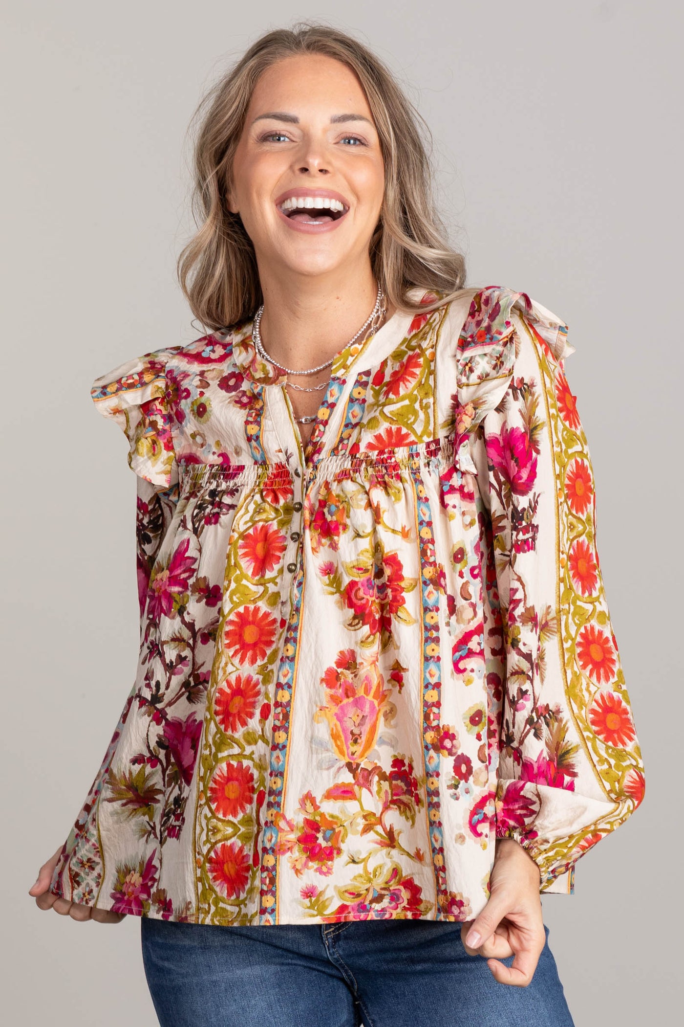 Beige Garden Floral Woven Top