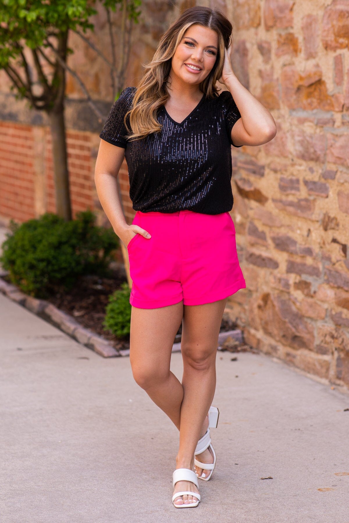 Black Sequin Puff Sleeve V-Neck Top - Filly Flair