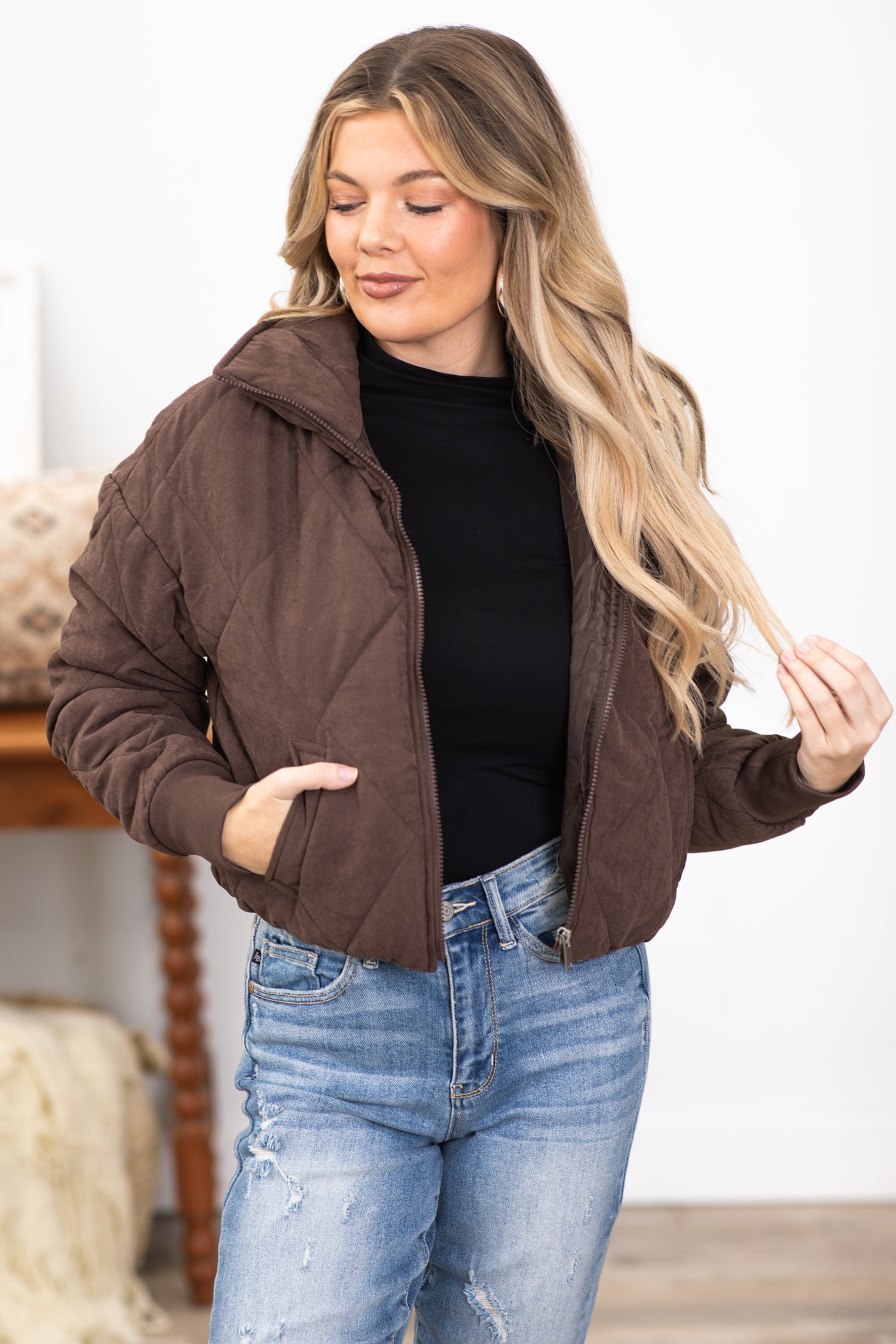 Brown Sherpa Lined Quilted Jacket