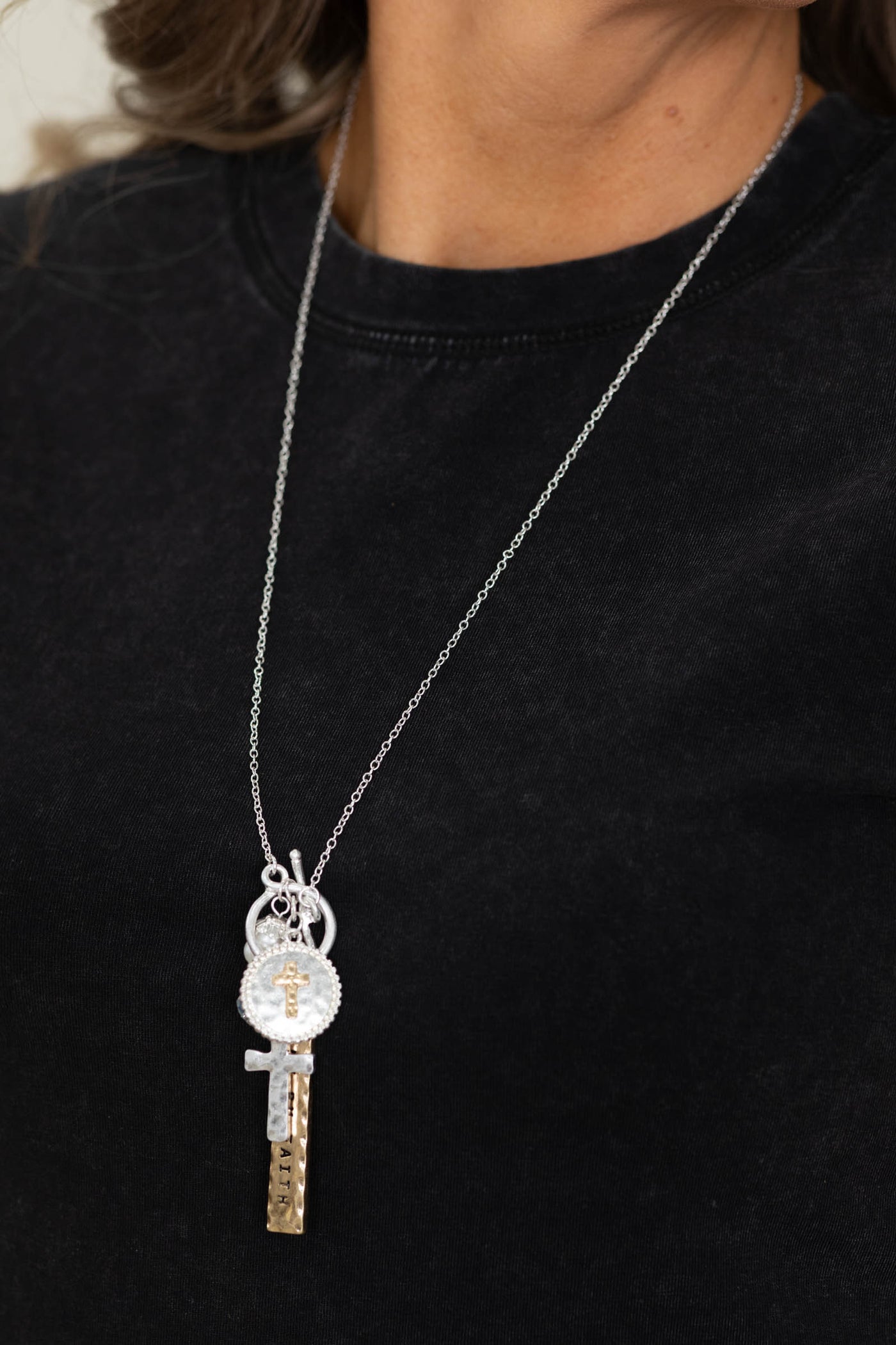 Silver Long Dainty Front Toggle Charm Necklace