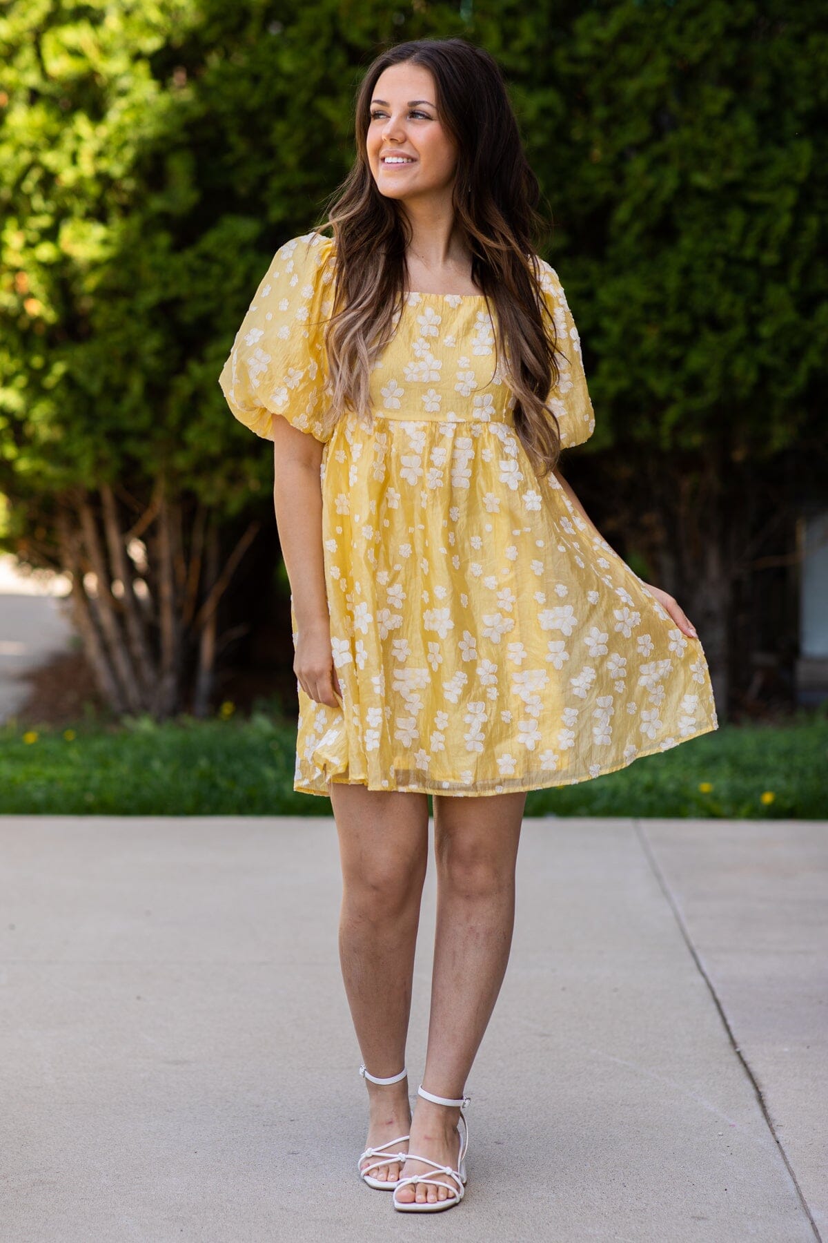 Pastel Yellow Floral Puff Sleeve Dress - Filly Flair