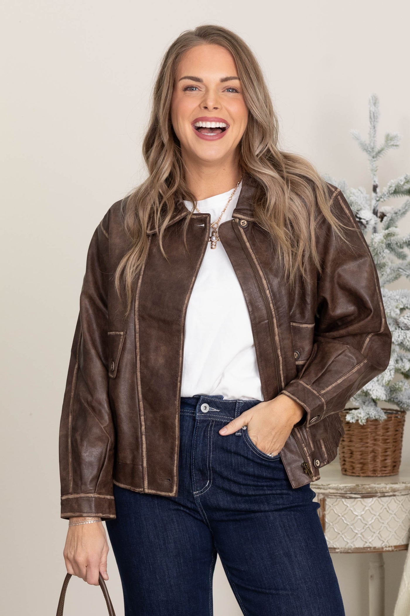 Brown Zip-Up Washed Faux Leather Jacket