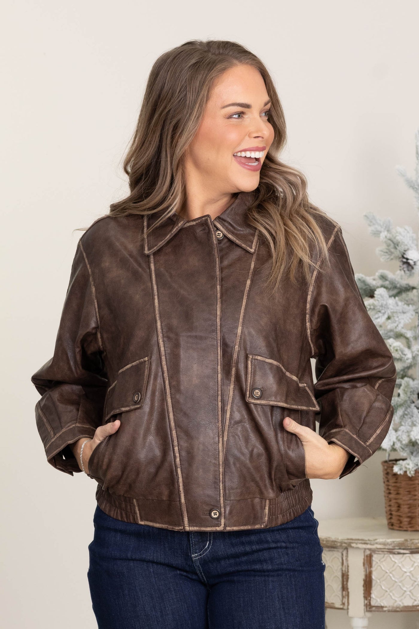 Brown Zip-Up Washed Faux Leather Jacket