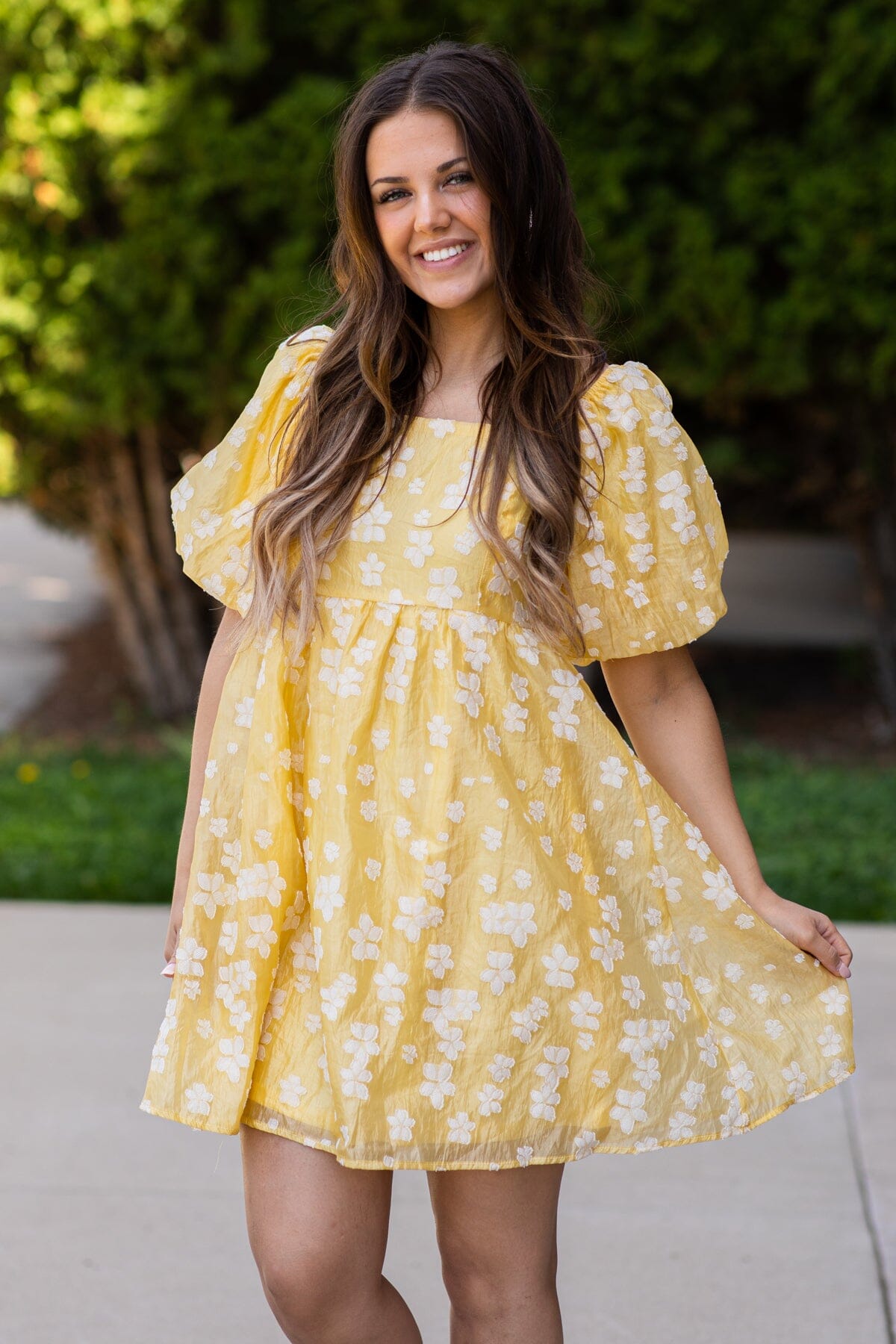 Pastel Yellow Floral Puff Sleeve Dress · Filly Flair