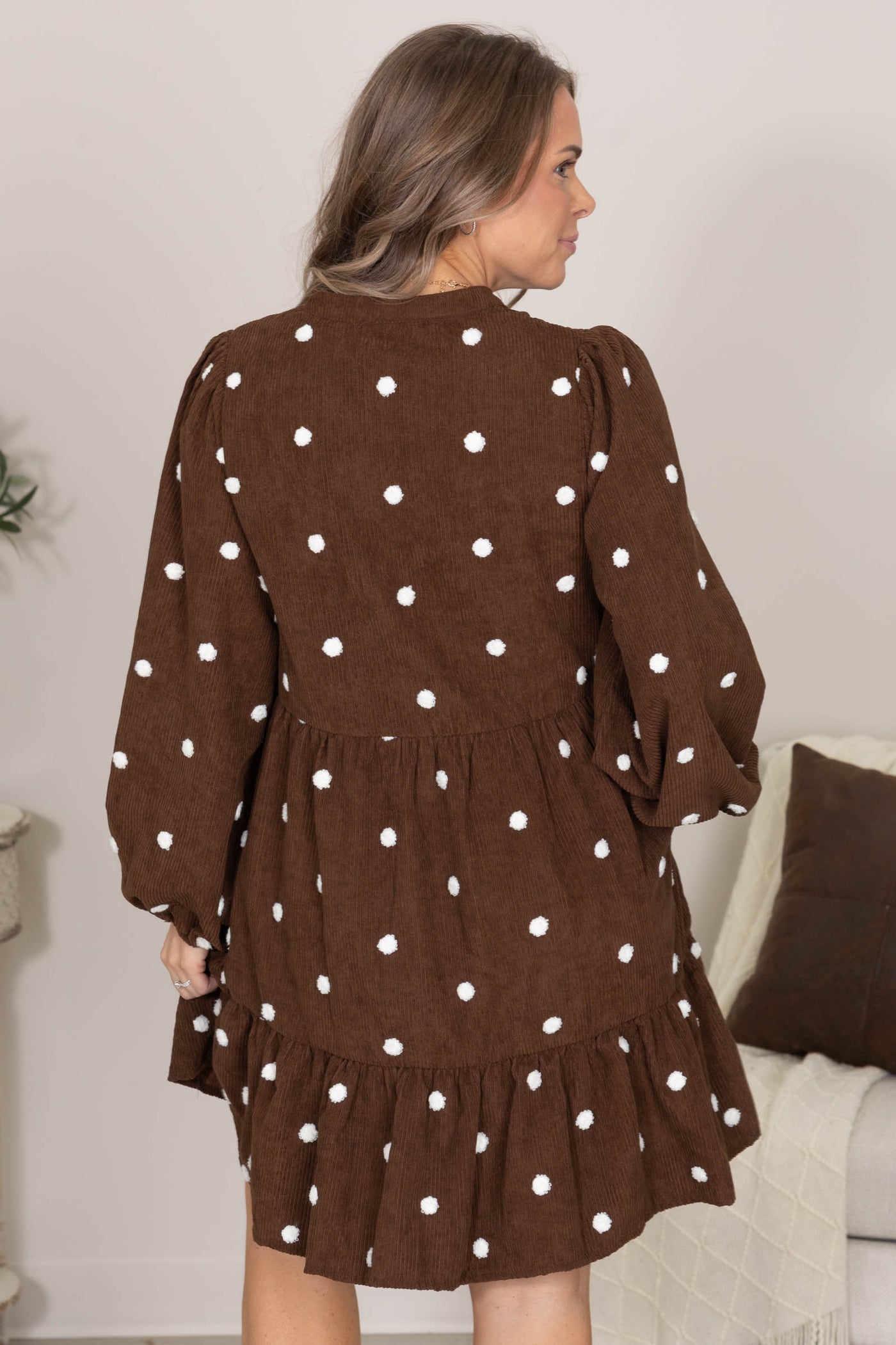 Brown Polka Dot Corduroy Tiered Dress